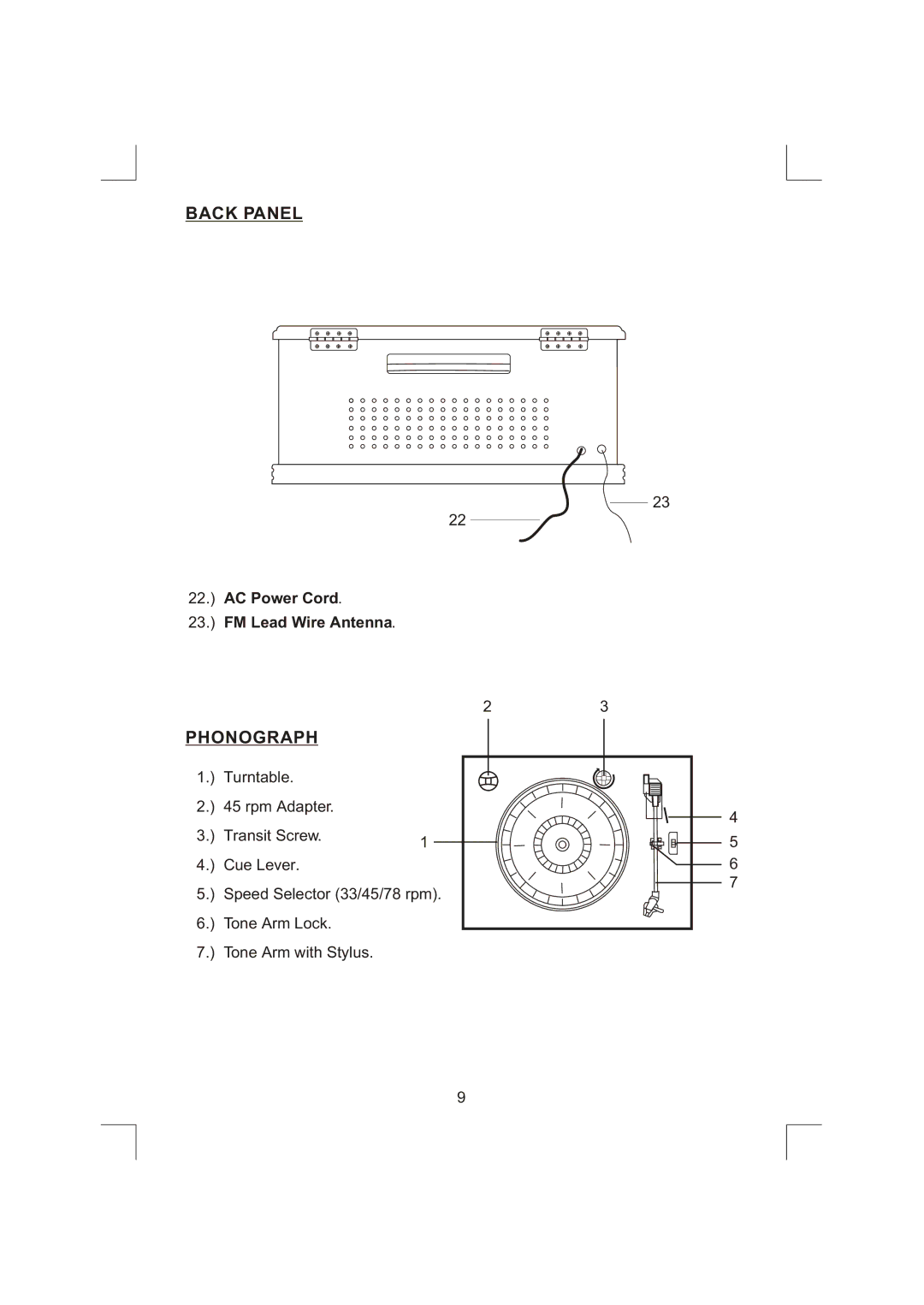 Emerson NR303TTC owner manual Back Panel, Phonograph 