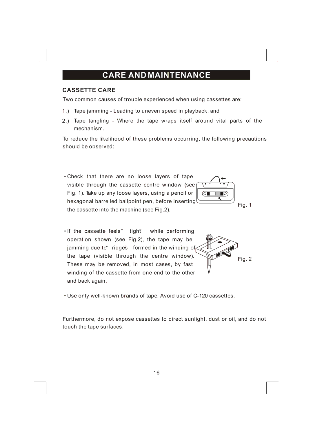 Emerson NR303TTC owner manual Care and Maintenance, Cassette Care 