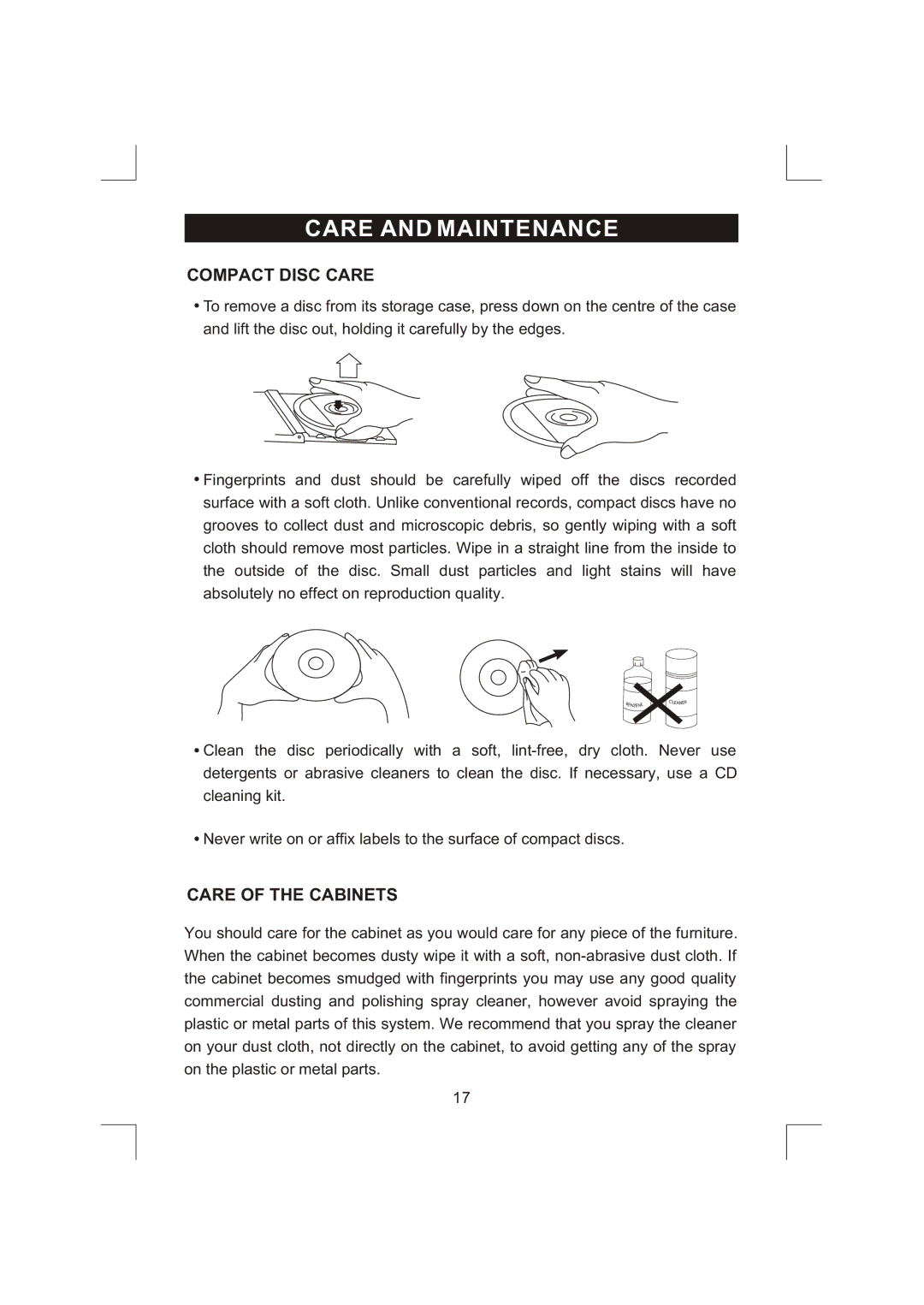 Emerson NR303TTC owner manual Compact Disc Care, Care of the Cabinets 