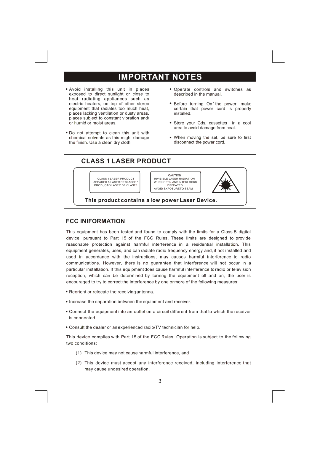 Emerson NR303TTC owner manual Important Notes, FCC Iniformation 