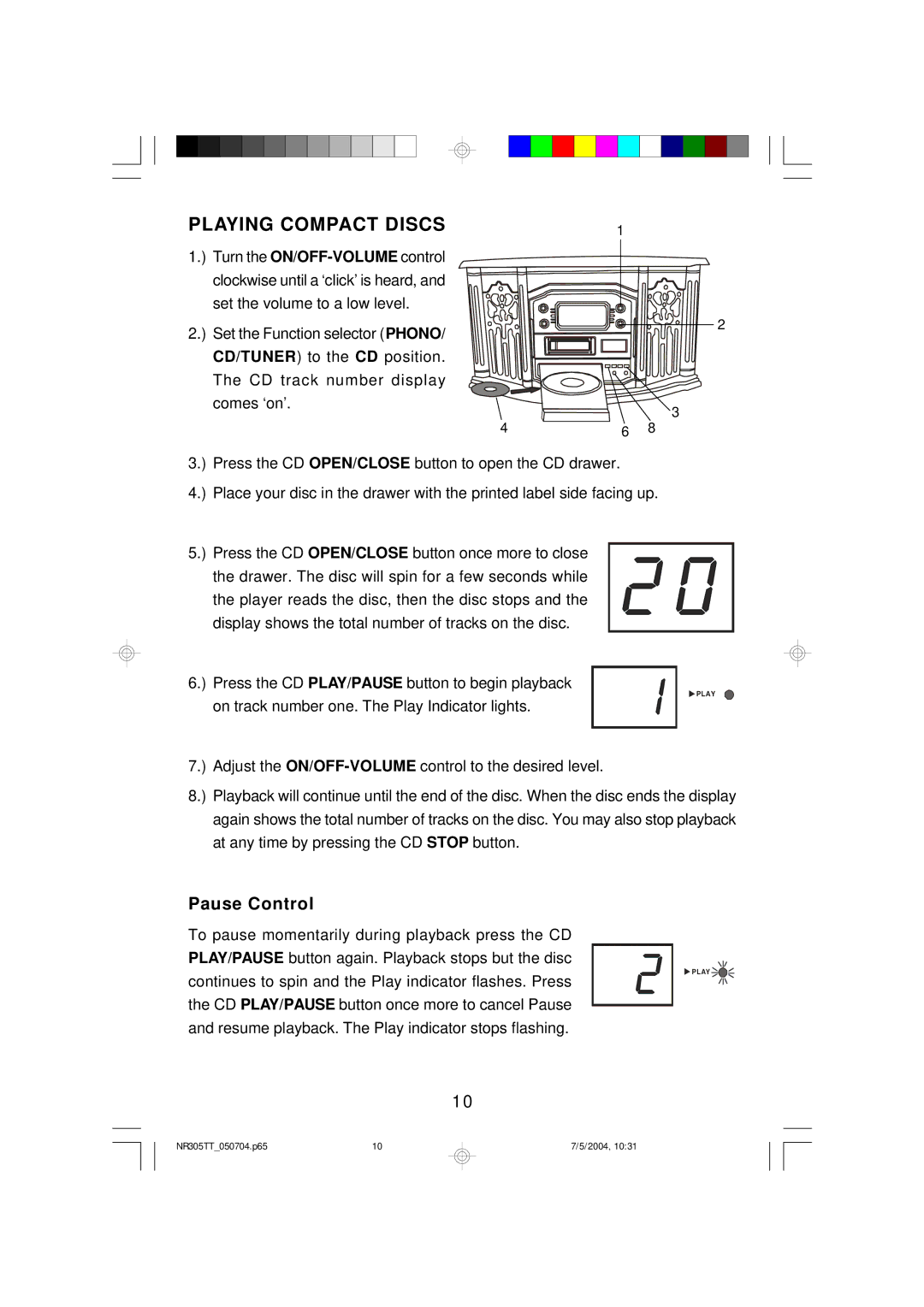 Emerson NR305TT owner manual Playing Compact Discs, Pause Control 