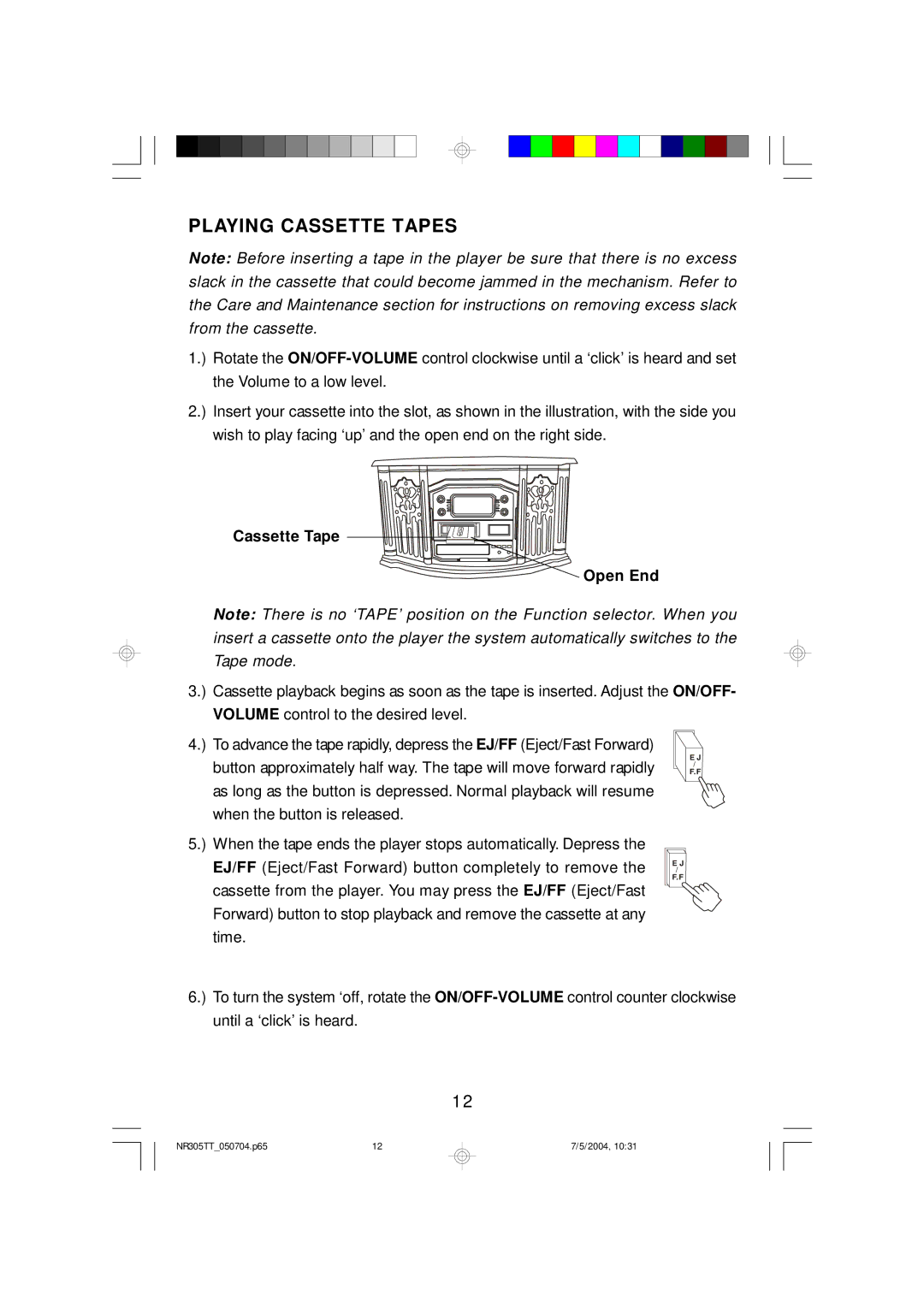 Emerson NR305TT owner manual Playing Cassette Tapes, Cassette Tape Open End 