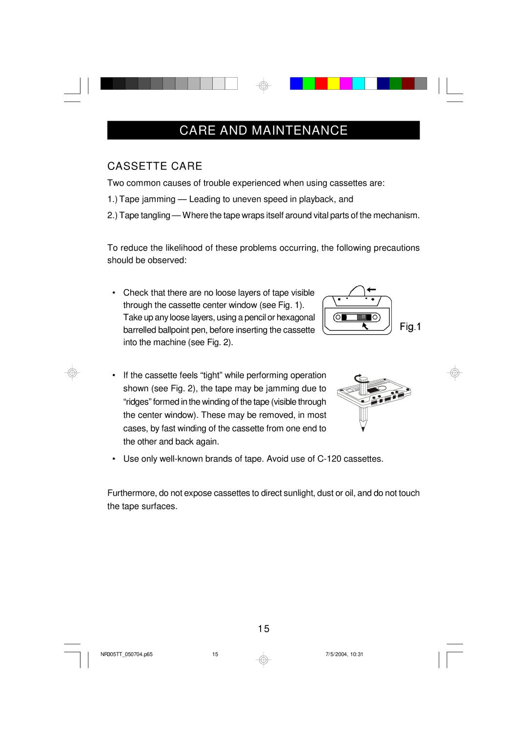 Emerson NR305TT owner manual Care and Maintenance, Cassette Care 