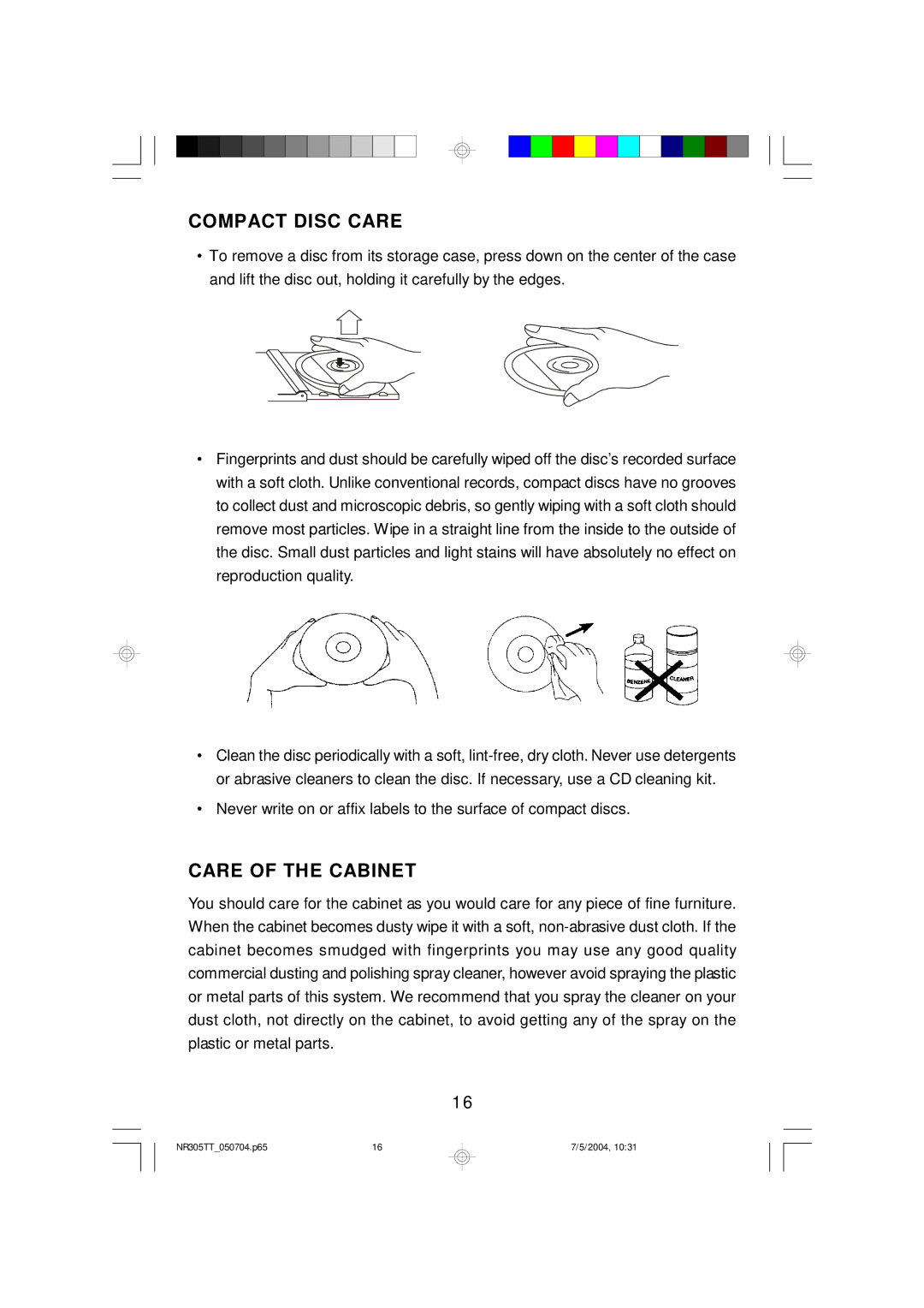 Emerson NR305TT owner manual Compact Disc Care, Care of the Cabinet 