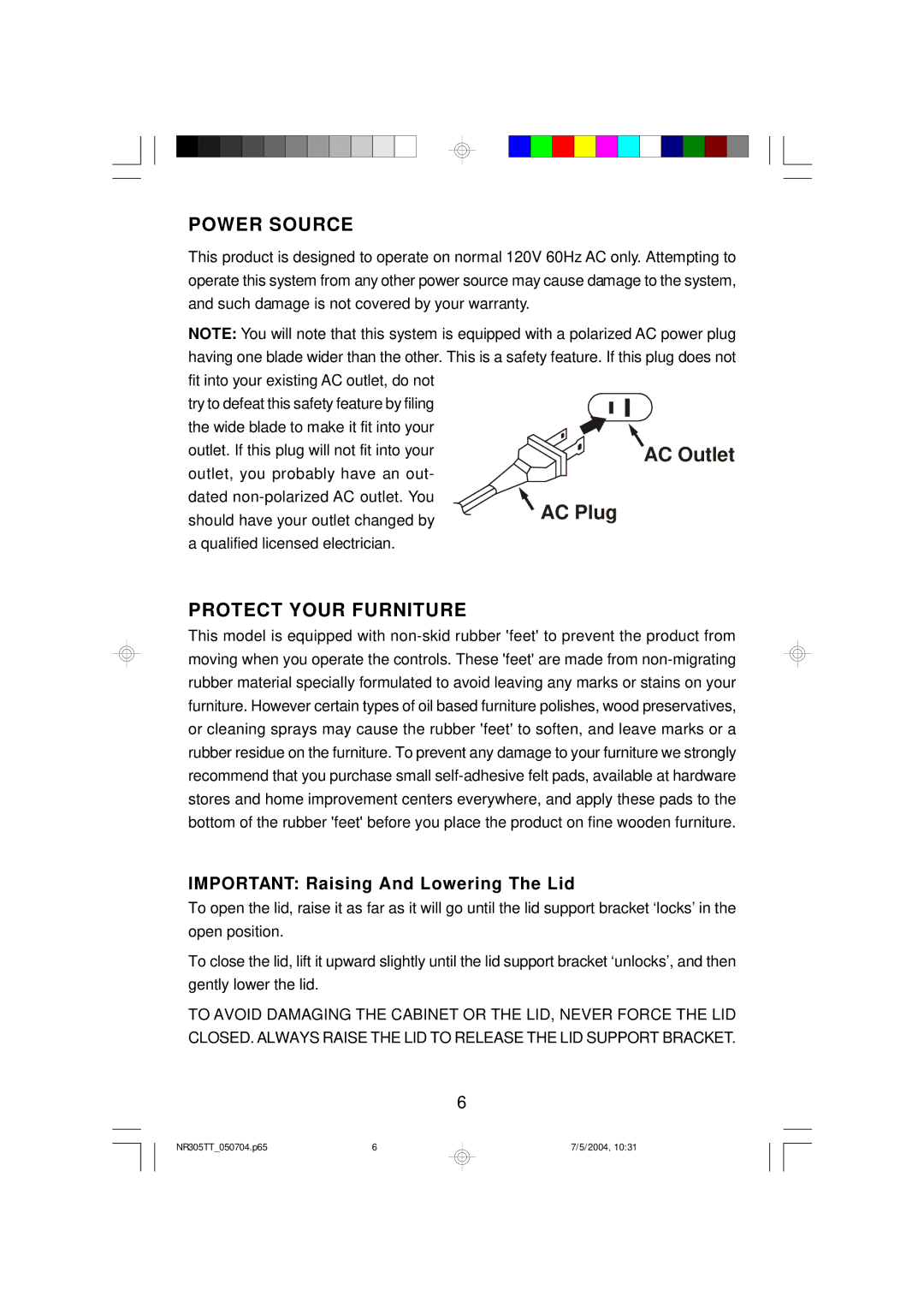 Emerson NR305TT owner manual Power Source, Protect Your Furniture, Important Raising And Lowering The Lid 