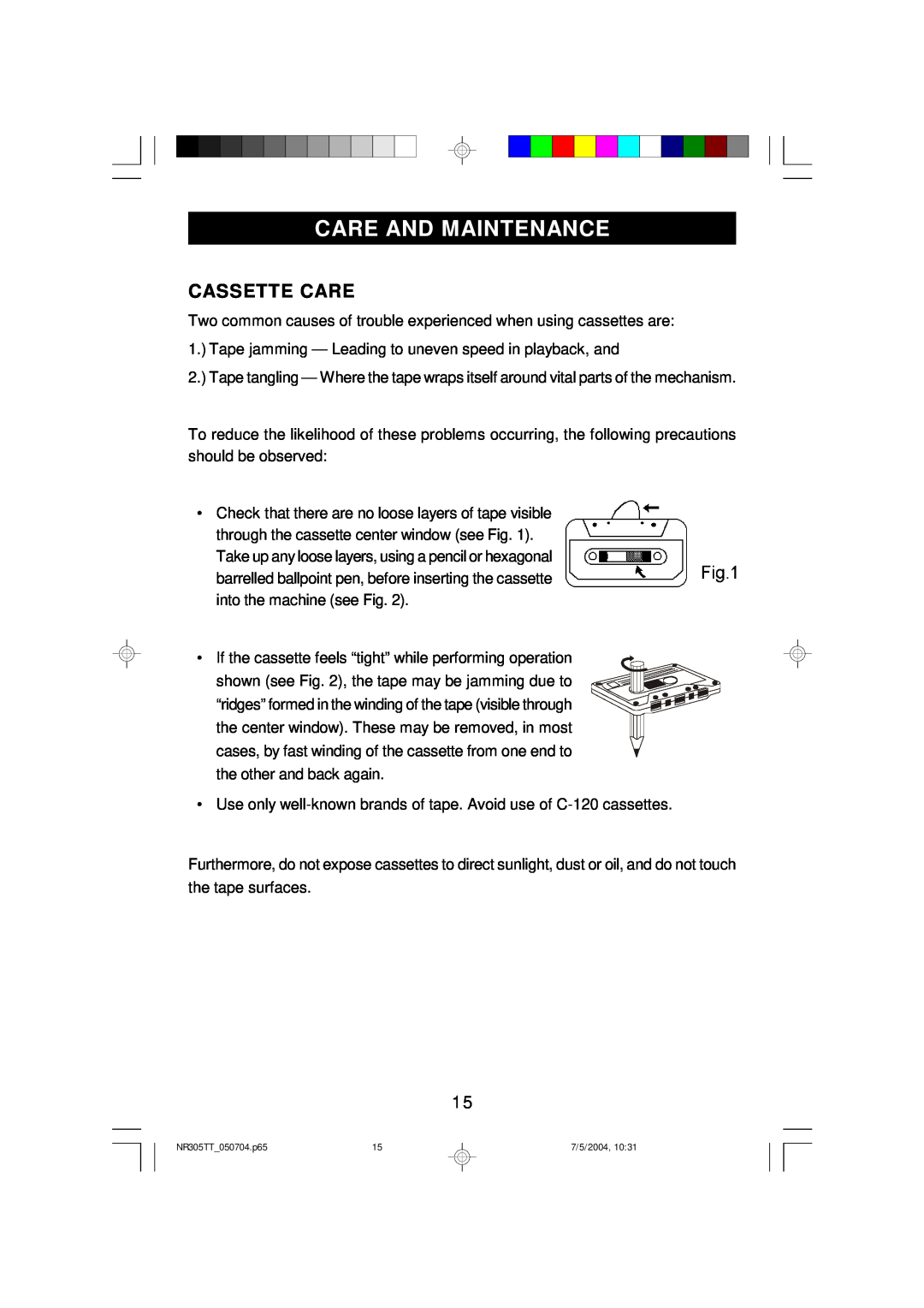 Emerson NR305TT owner manual Care And Maintenance, Cassette Care 