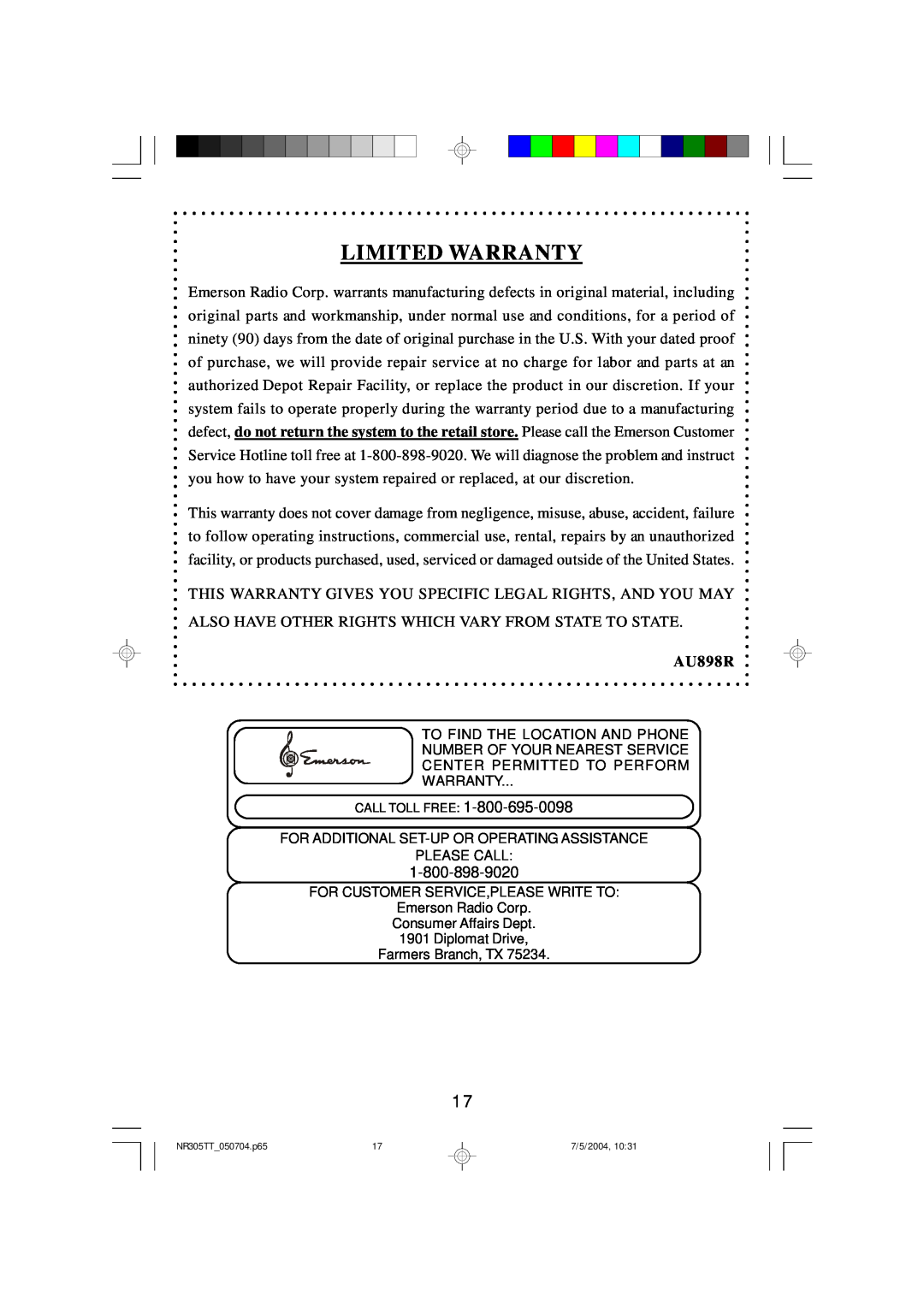Emerson NR305TT owner manual Limited Warranty, AU898R 
