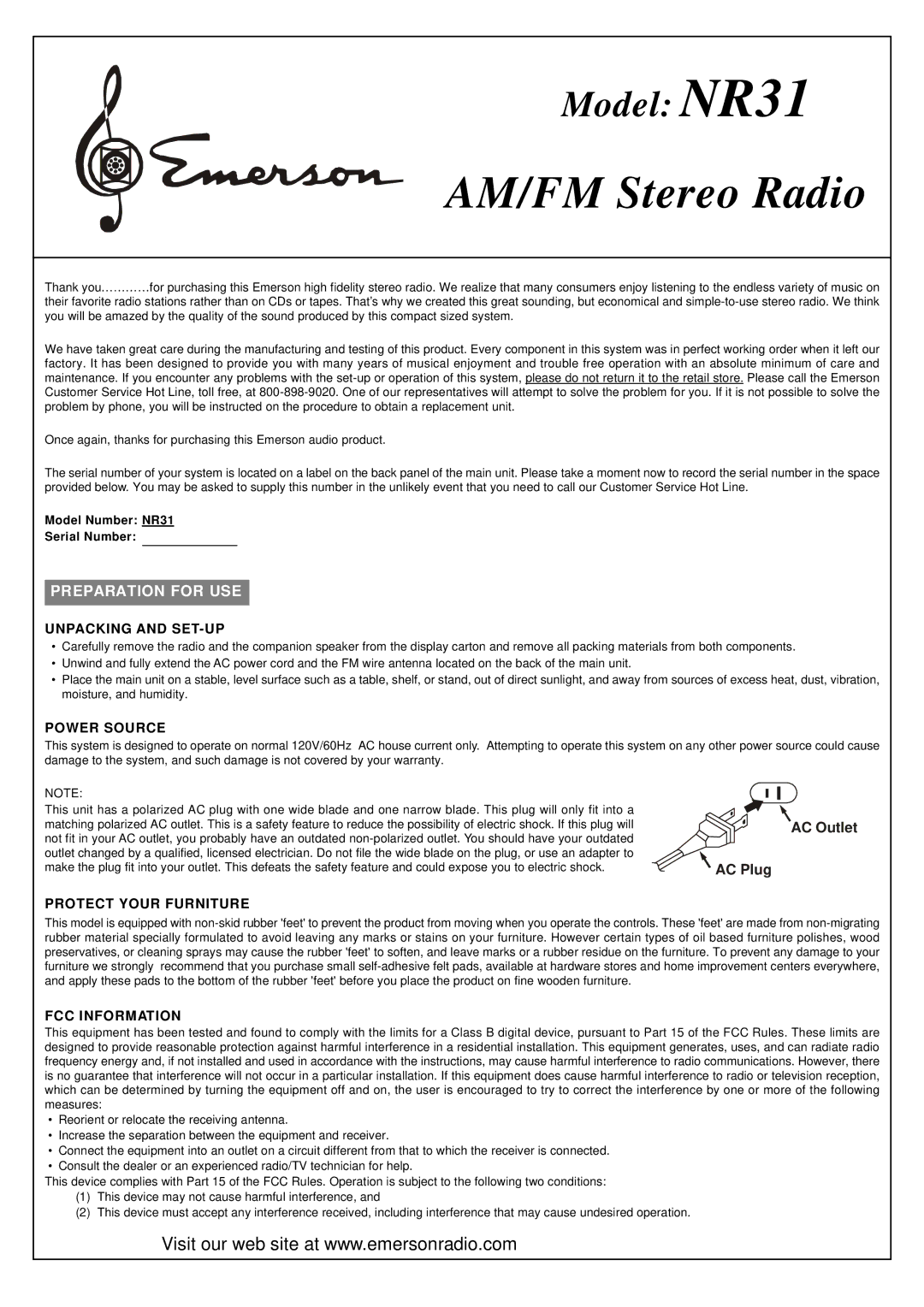 Emerson NR31 warranty Unpacking and SET-UP, Power Source, Protect Your Furniture, FCC Information 