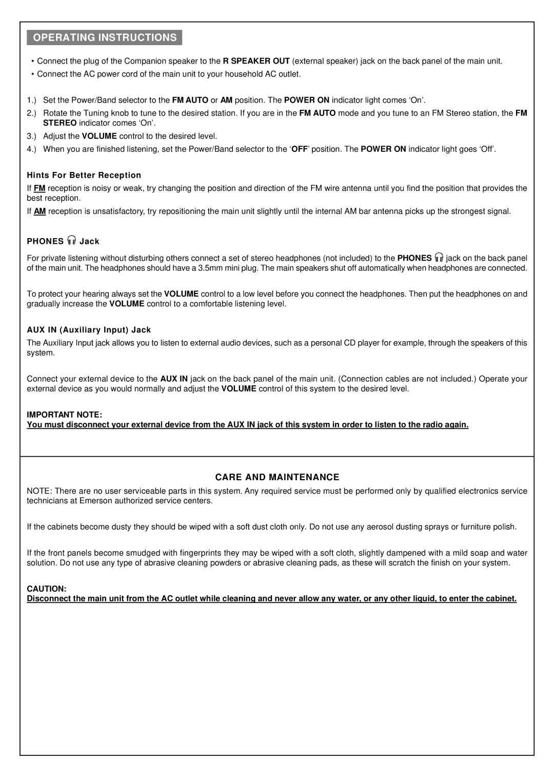 Emerson NR31 warranty Operating Instructions, Important Note 