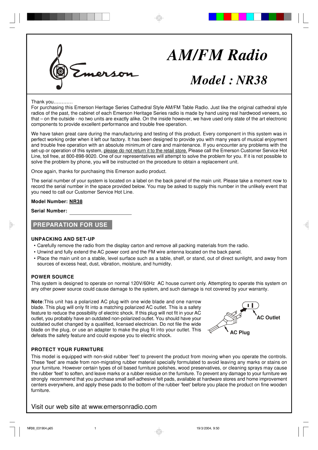Emerson NR38 warranty Preparation for USE, Unpacking and SET-UP, Power Source, Protect Your Furniture 