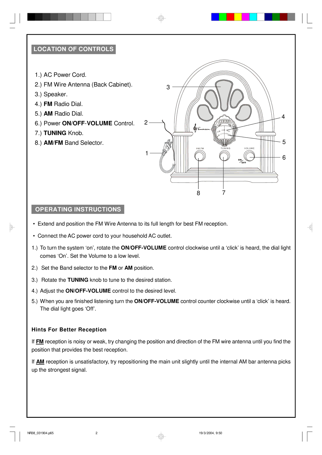 Emerson NR38 warranty Location of Controls, Operating Instructions 