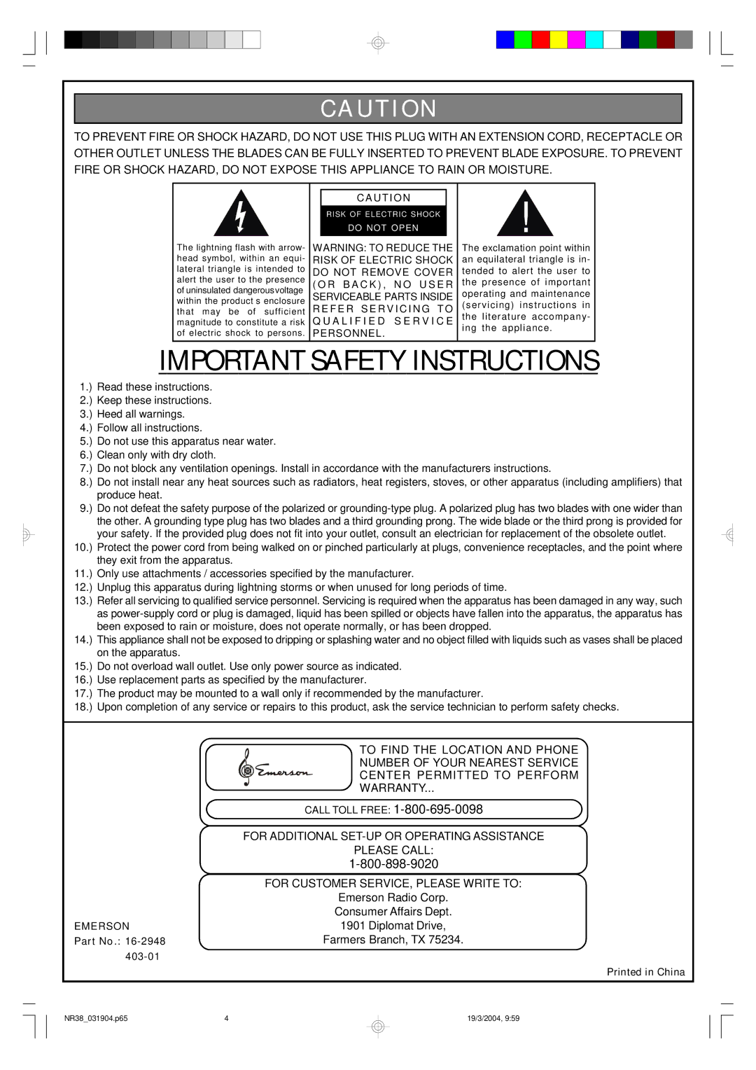 Emerson NR38 warranty Important Safety Instructions 