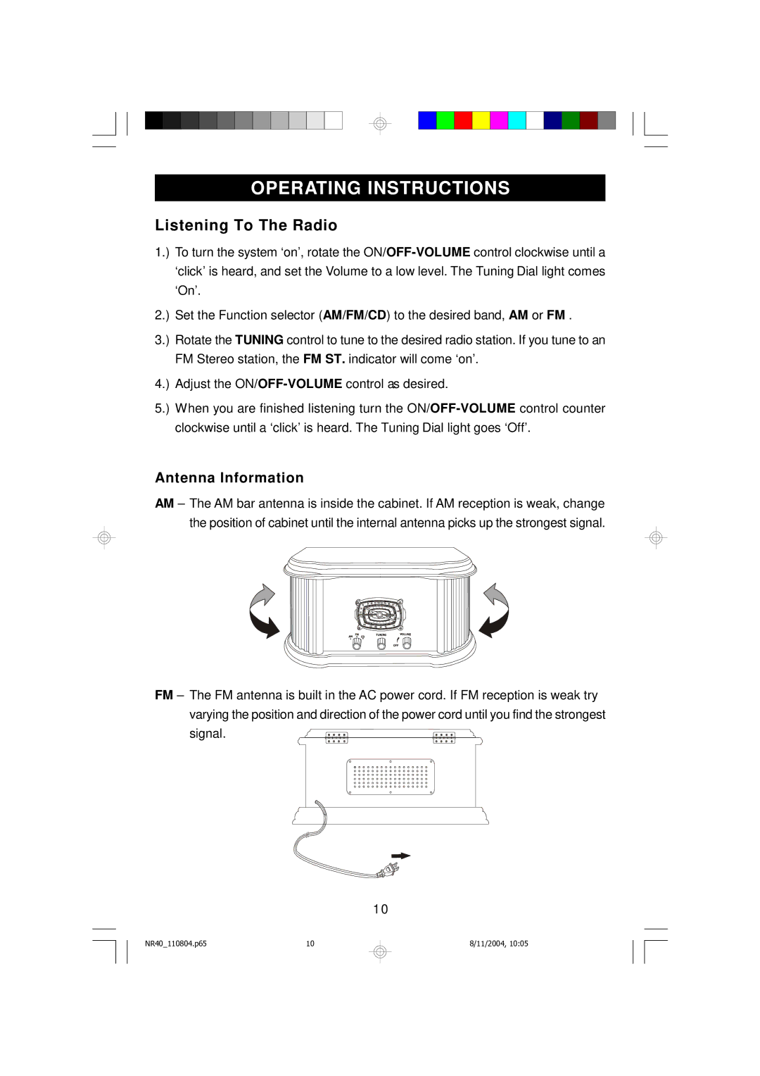 Emerson NR40 owner manual Operating Instructions, Listening To The Radio, Antenna Information 