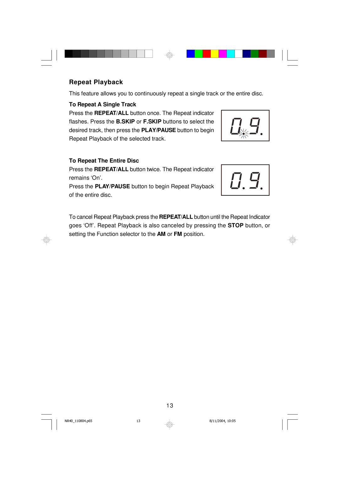 Emerson NR40 owner manual Repeat Playback, To Repeat a Single Track 