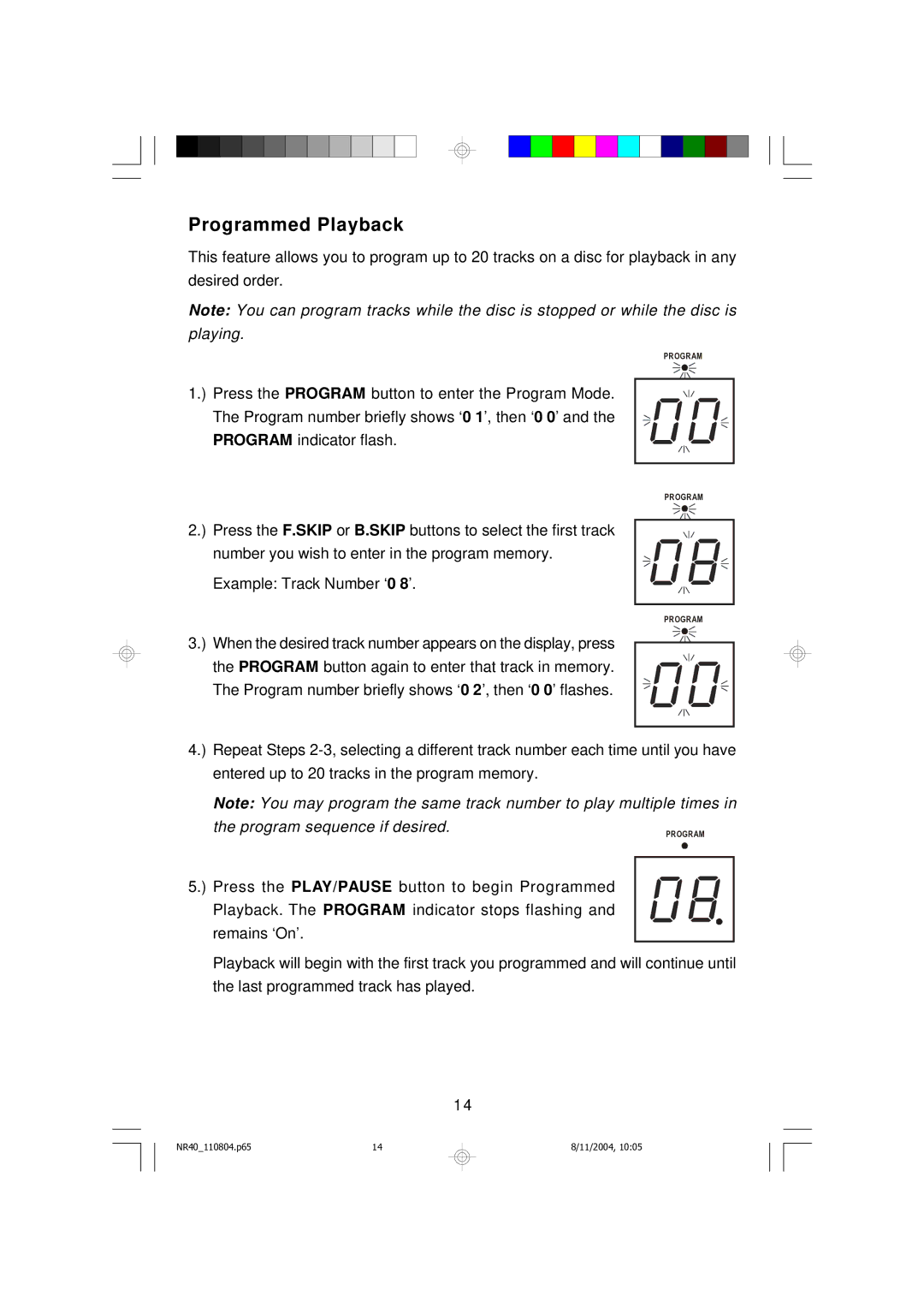 Emerson NR40 owner manual Programmed Playback, Program sequence if desired 