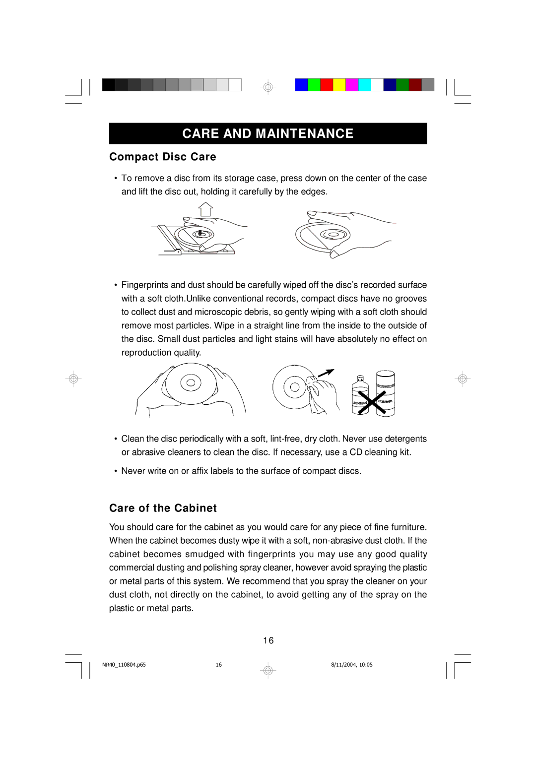 Emerson NR40 owner manual Care and Maintenance, Compact Disc Care, Care of the Cabinet 