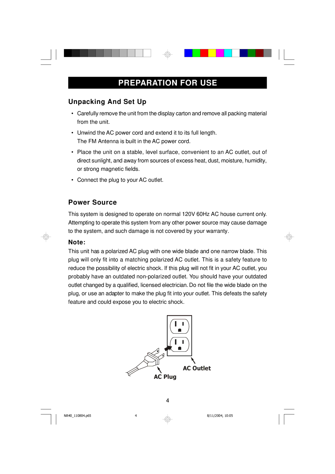 Emerson NR40 owner manual Preparation for USE, Unpacking And Set Up, Power Source 