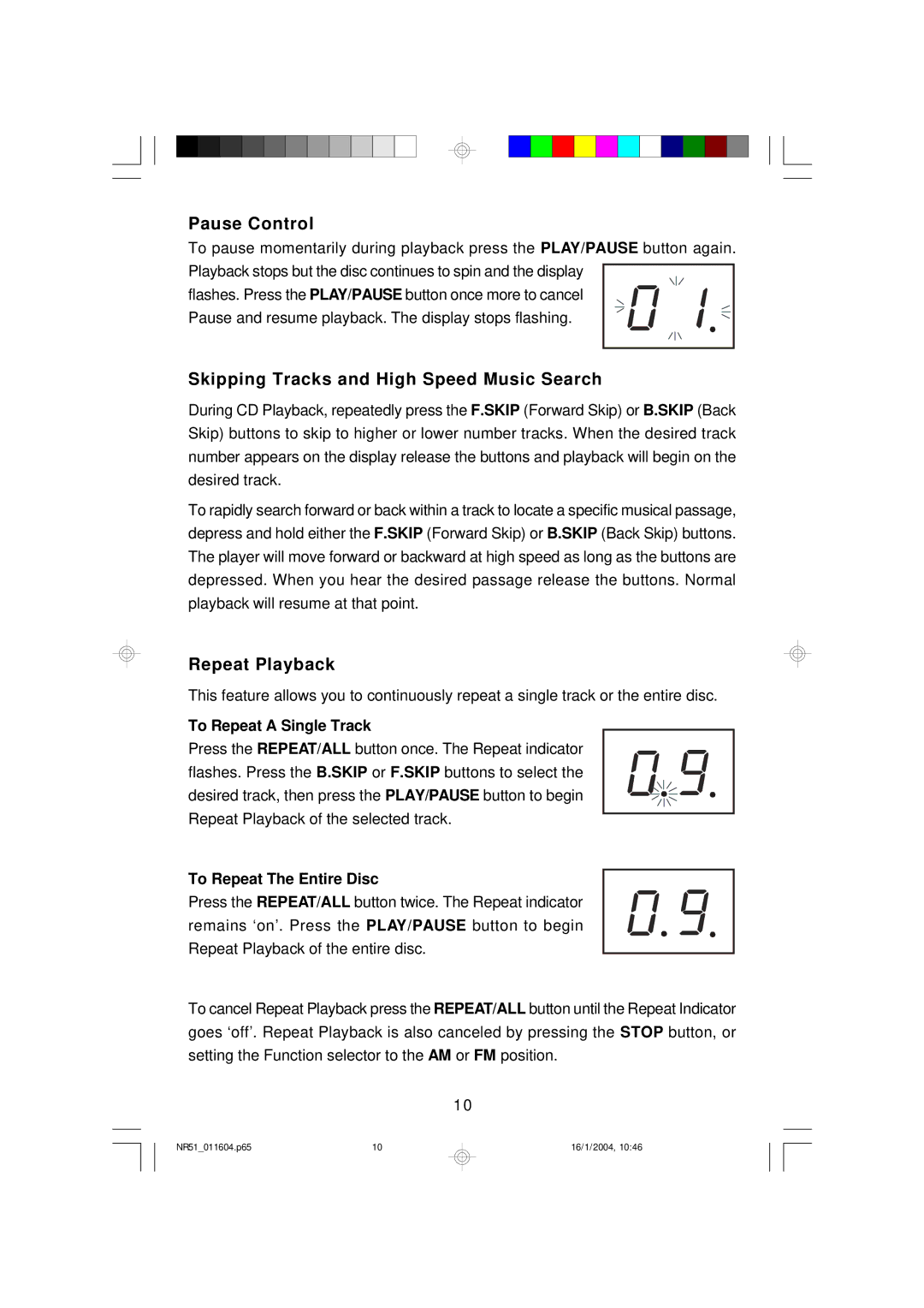 Emerson NR51 owner manual Pause Control, Skipping Tracks and High Speed Music Search, Repeat Playback 