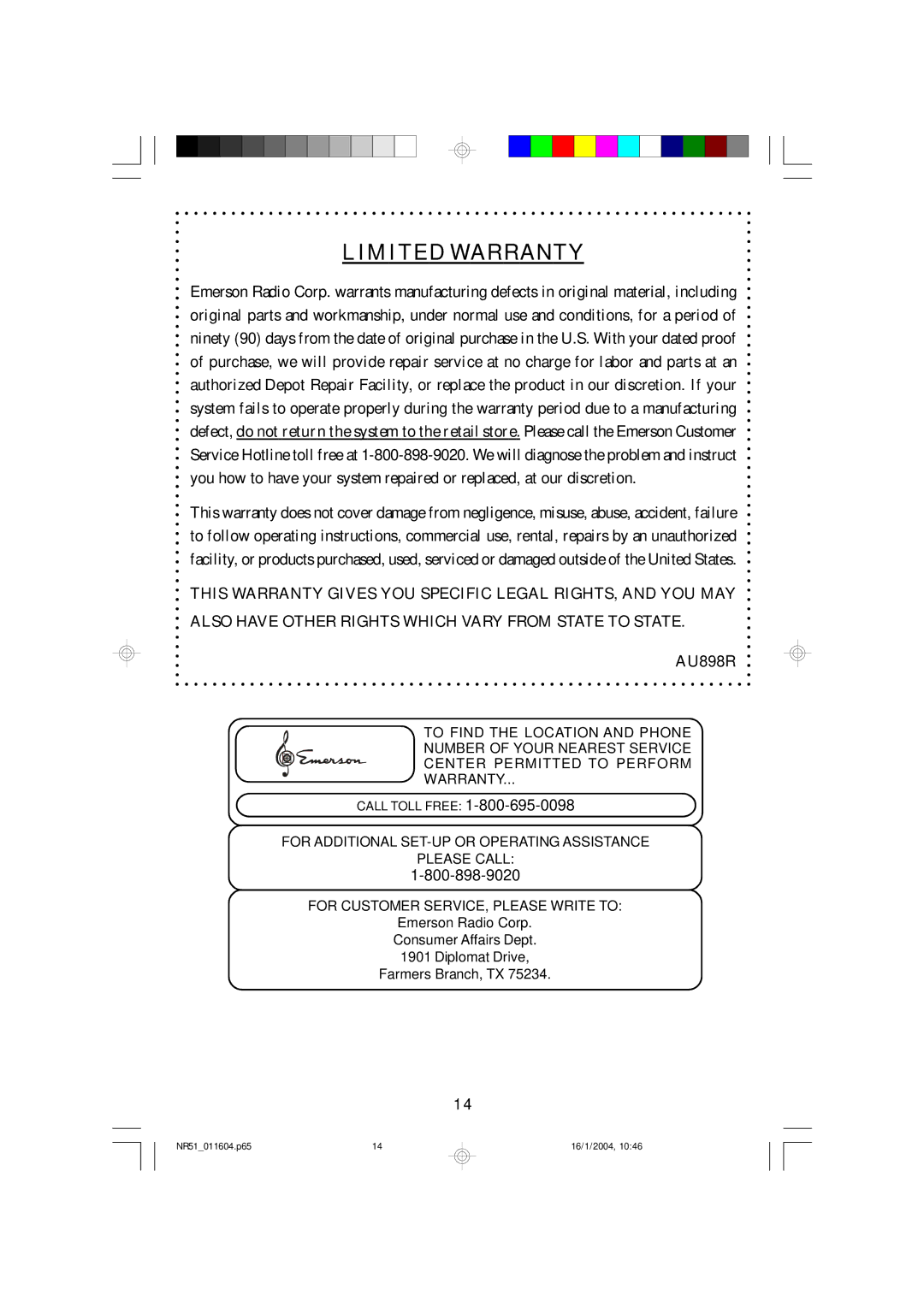 Emerson NR51 owner manual Limited Warranty 