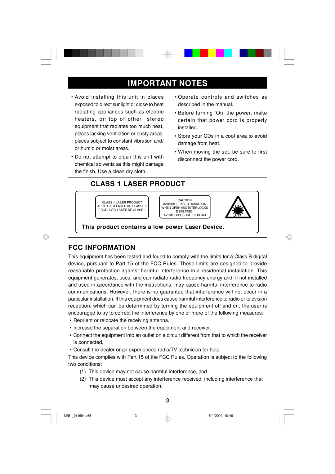 Emerson NR51 owner manual Important Notes, Class 1 Laser Product, FCC Information 