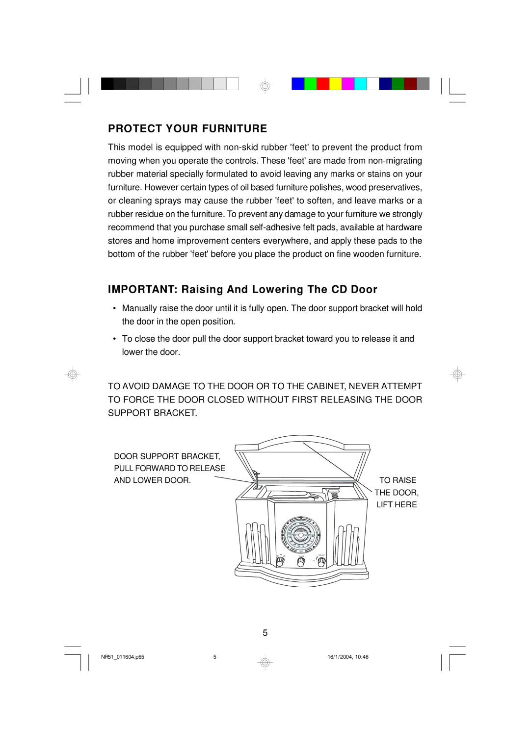 Emerson NR51 owner manual Protect Your Furniture, Important Raising And Lowering The CD Door 