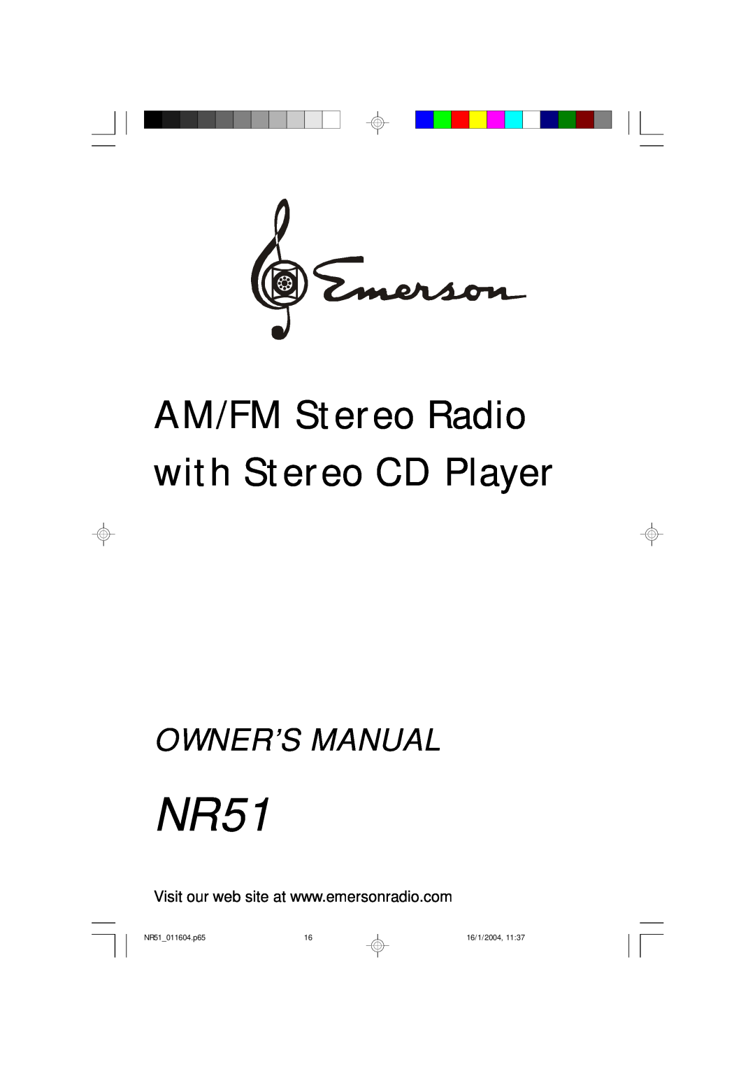 Emerson owner manual AM/FM Stereo Radio with Stereo CD Player, NR51 011604.p65, 16/1/2004 