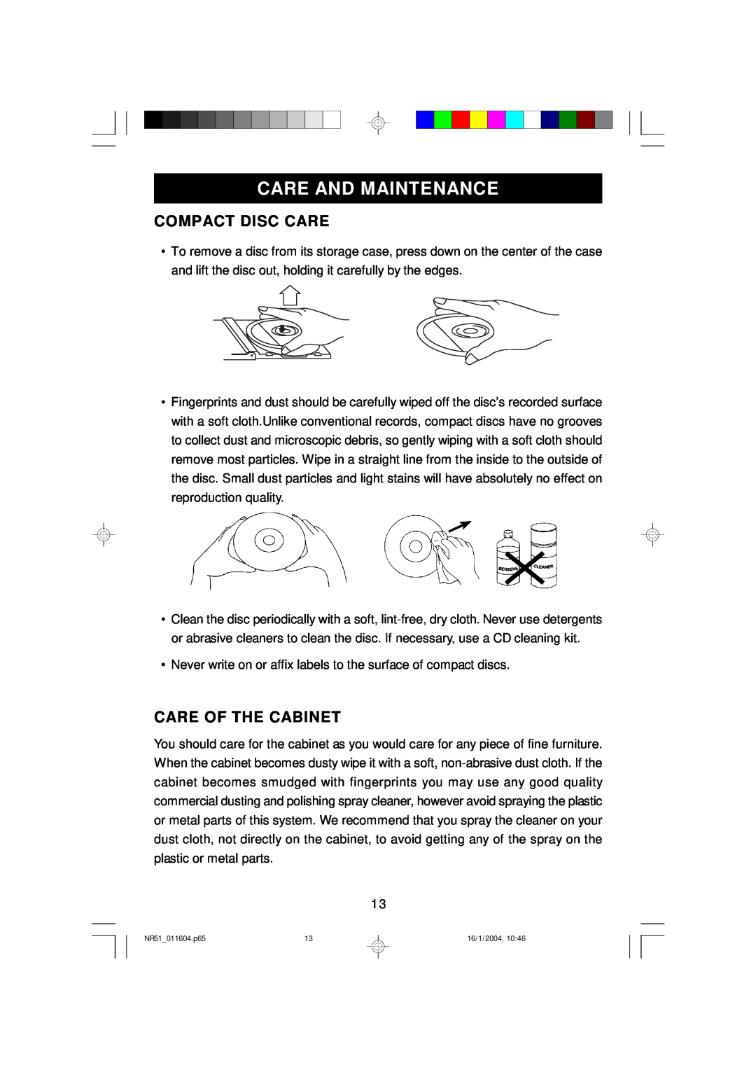 Emerson NR51 owner manual Care And Maintenance, Compact Disc Care, Care Of The Cabinet 