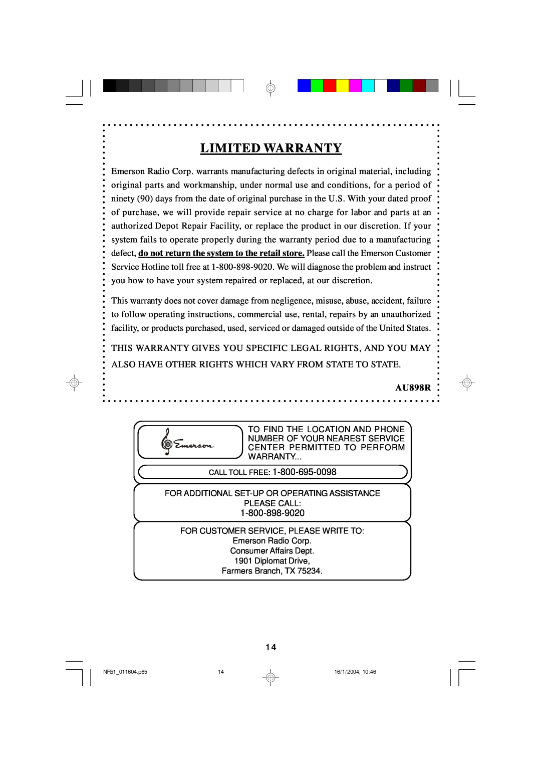 Emerson NR51 owner manual Limited Warranty, AU898R 