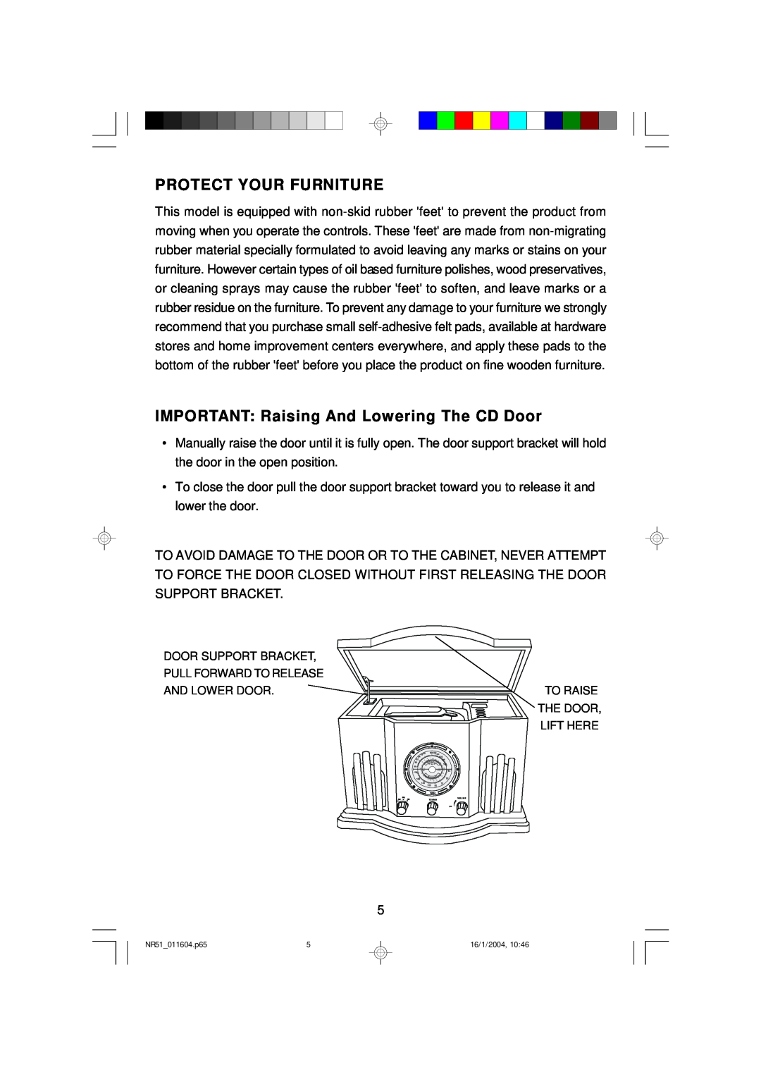 Emerson NR51 owner manual Protect Your Furniture, IMPORTANT: Raising And Lowering The CD Door 