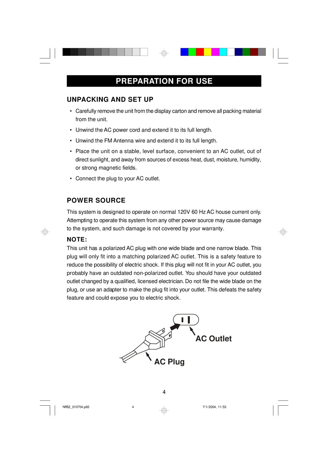 Emerson NR52 owner manual Preparation for USE, Unpacking and SET UP, Power Source 