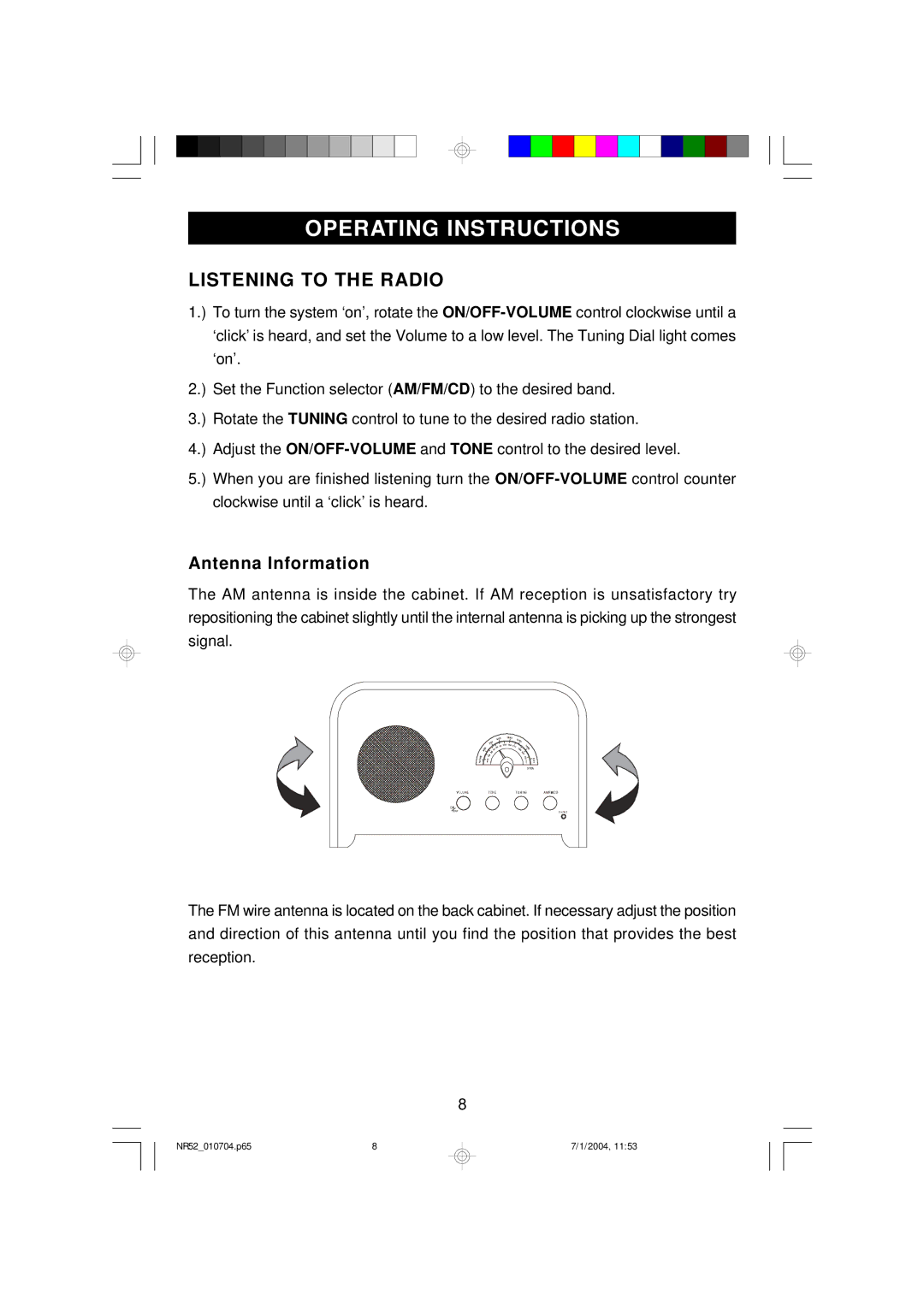 Emerson NR52 owner manual Operating Instructions, Listening to the Radio, Antenna Information 