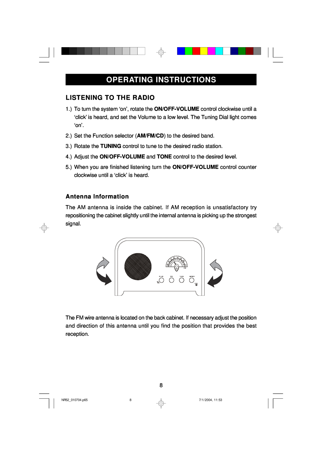 Emerson NR52 owner manual Operating Instructions, Listening To The Radio, Antenna Information 
