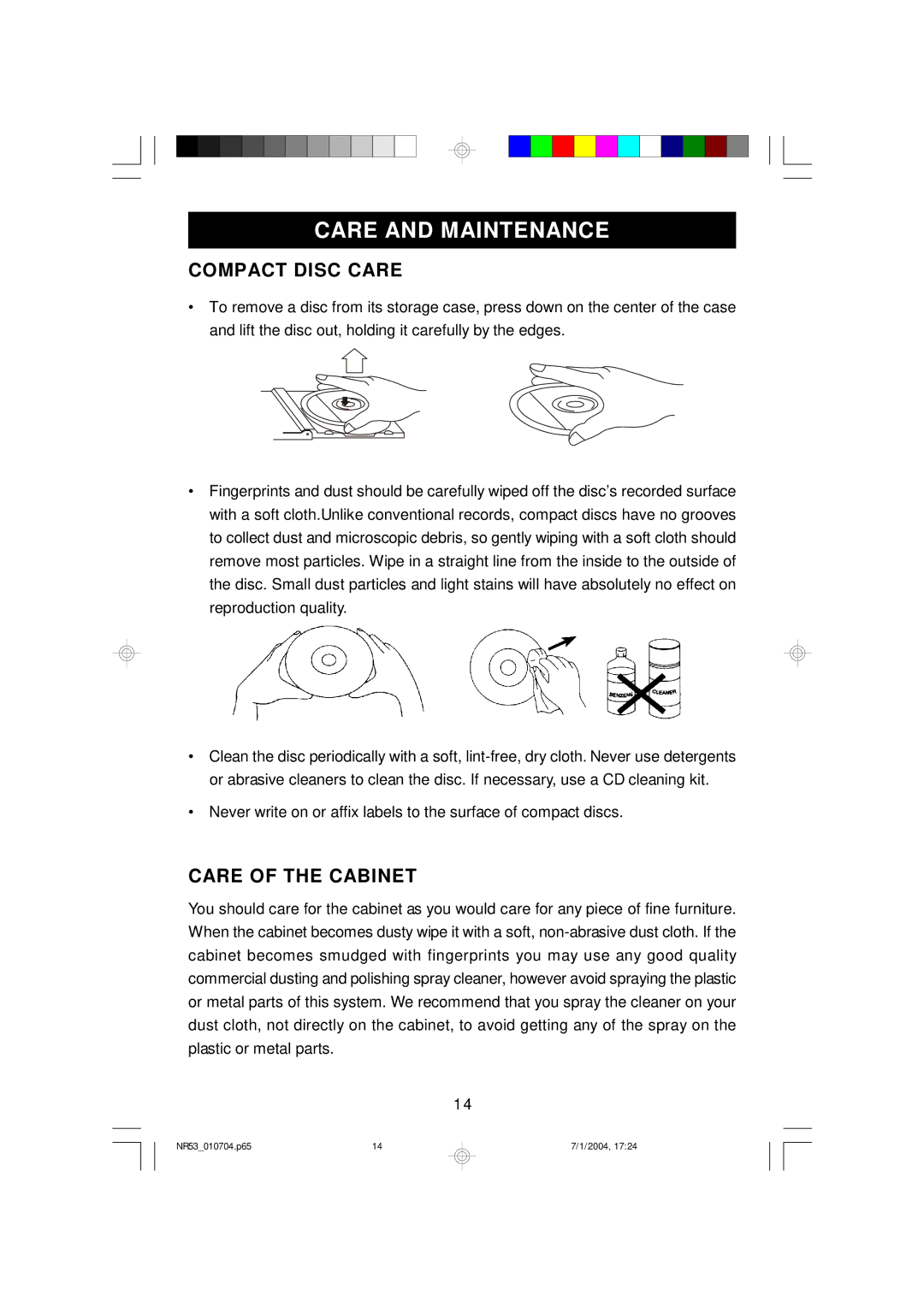 Emerson NR53 owner manual Care and Maintenance, Compact Disc Care, Care of the Cabinet 