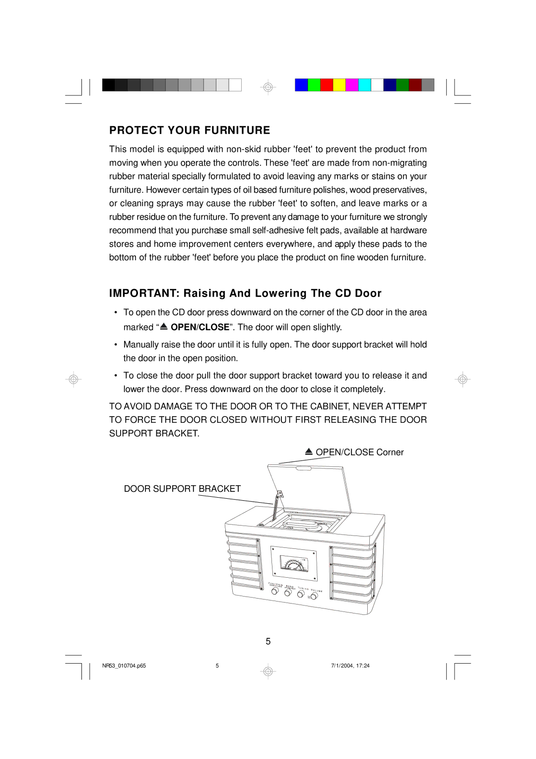 Emerson NR53 owner manual Protect Your Furniture, Important Raising And Lowering The CD Door 