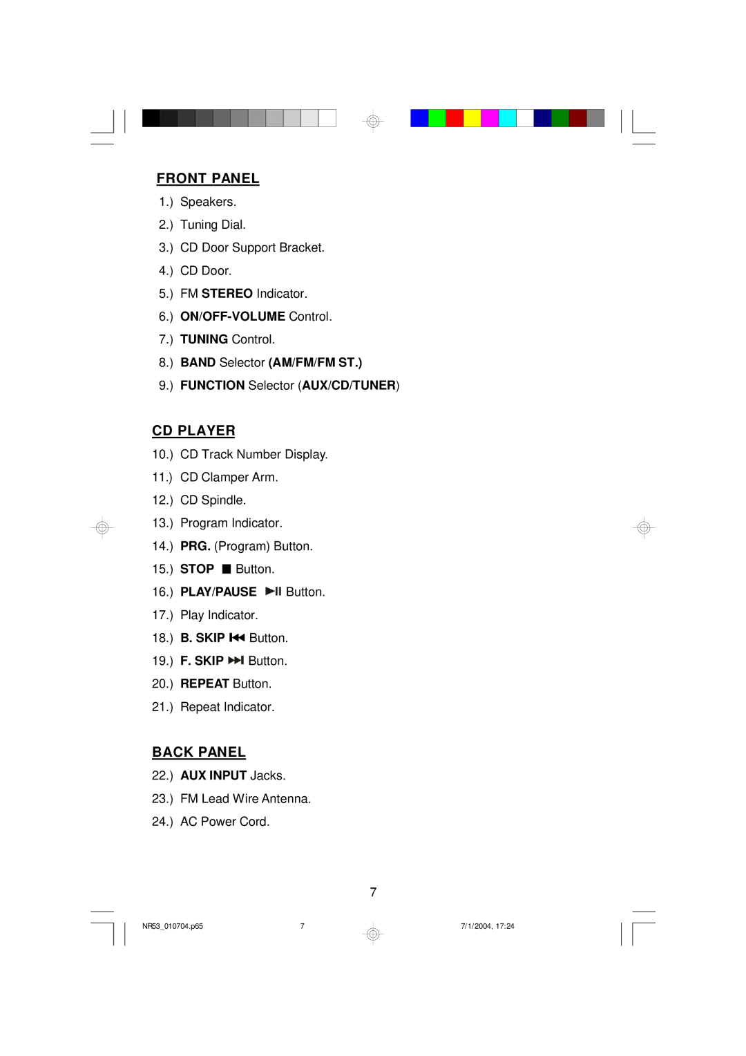 Emerson NR53 owner manual Back Panel 