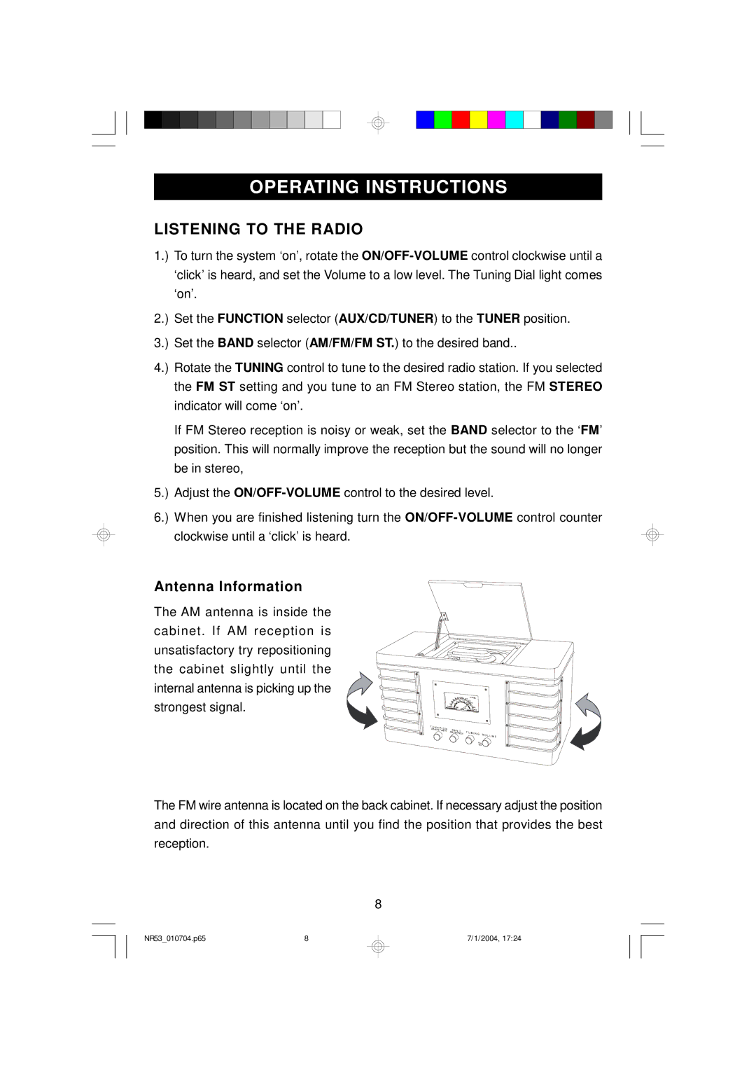 Emerson NR53 owner manual Operating Instructions, Listening to the Radio, Antenna Information 