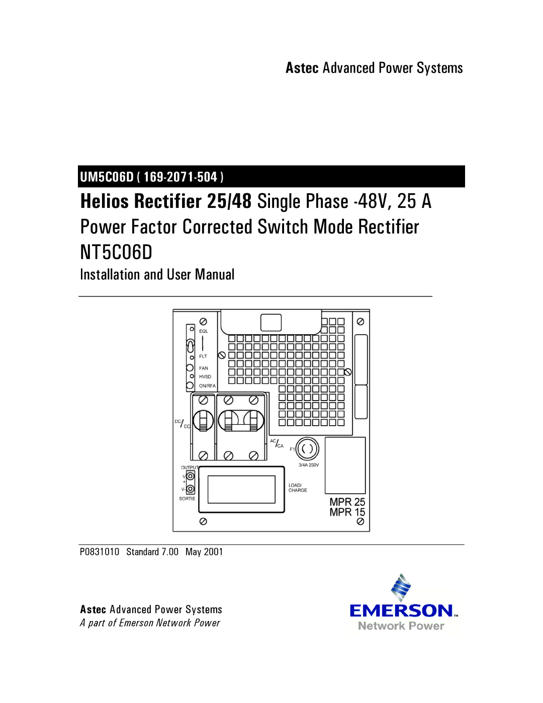 Emerson NT5C06D user manual Helios Rectifier 25/48 Single Phase -48V, 25 a, P0831010 Standard 7.00 May 