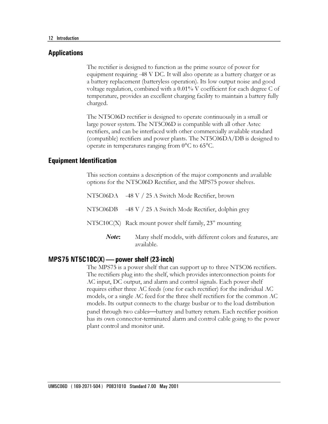 Emerson NT5C06D user manual Applications, Equipment Identification, MPS75 NT5C10CX  power shelf 23-inch 