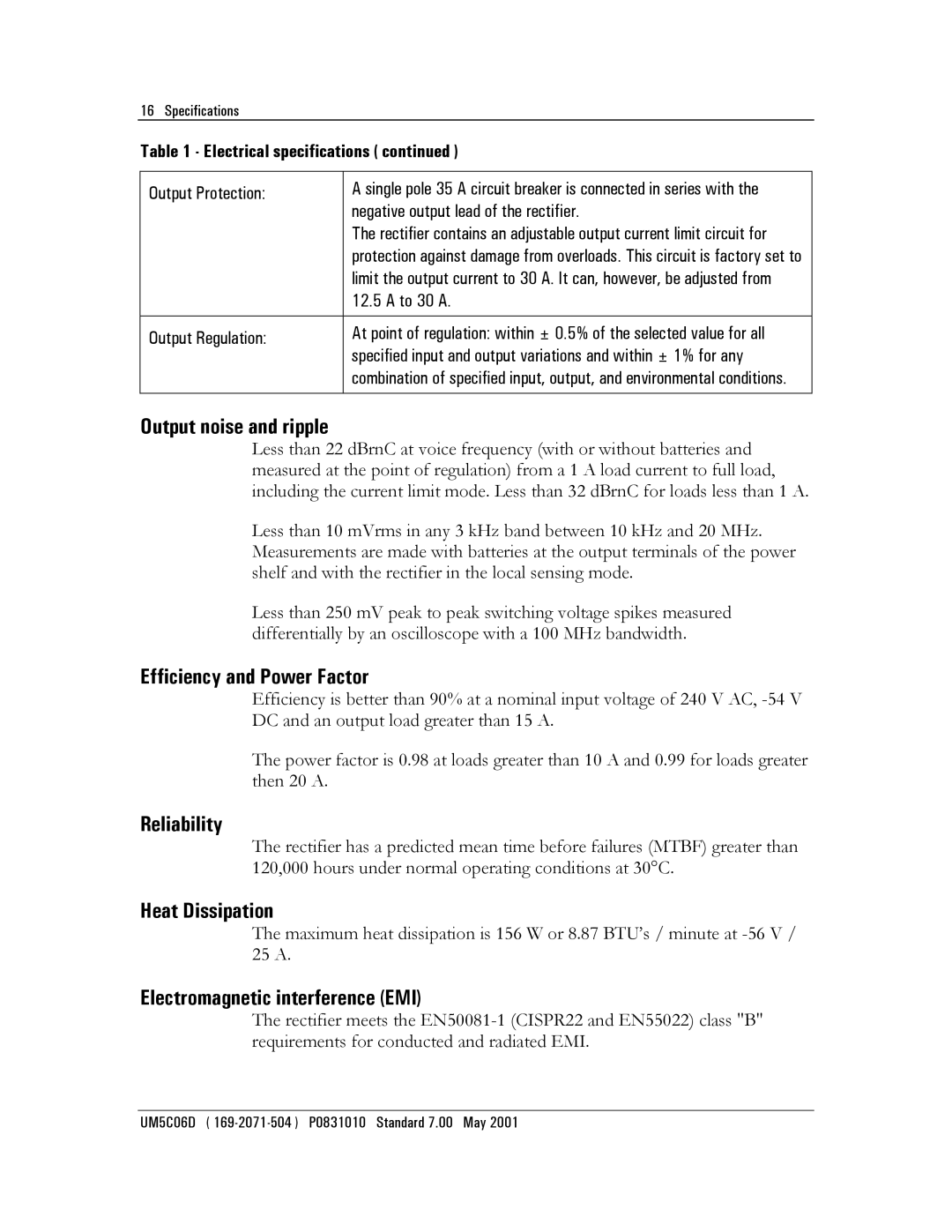 Emerson NT5C06D user manual Output noise and ripple, Efficiency and Power Factor, Reliability, Heat Dissipation 