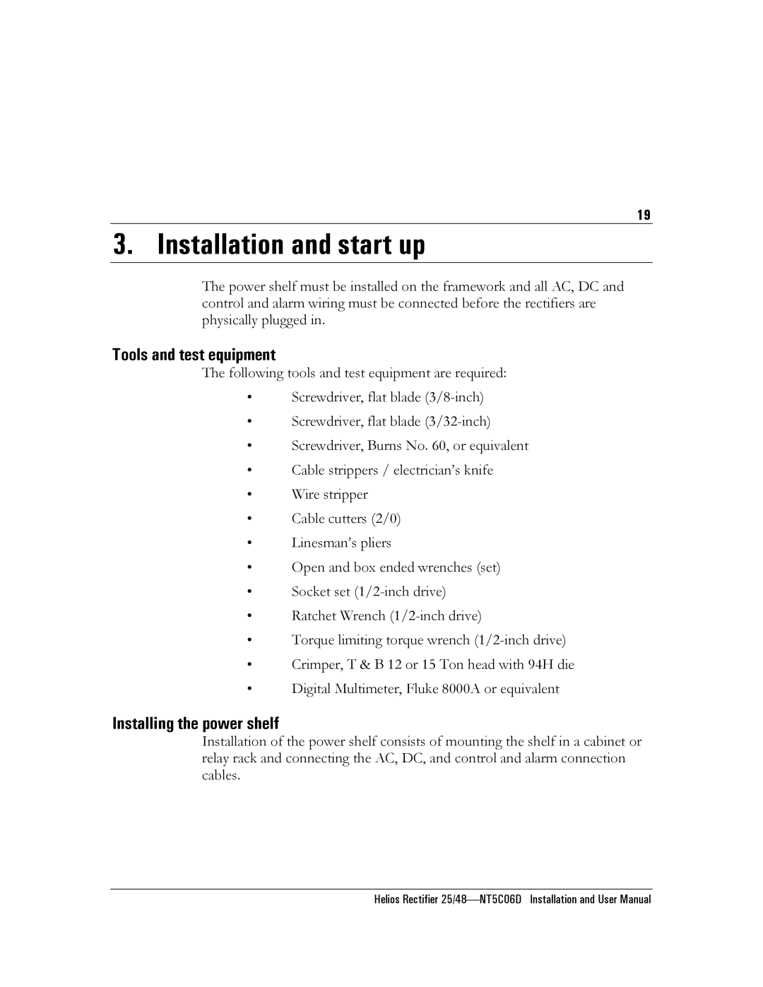 Emerson NT5C06D user manual Installation and start up, Tools and test equipment, Installing the power shelf 