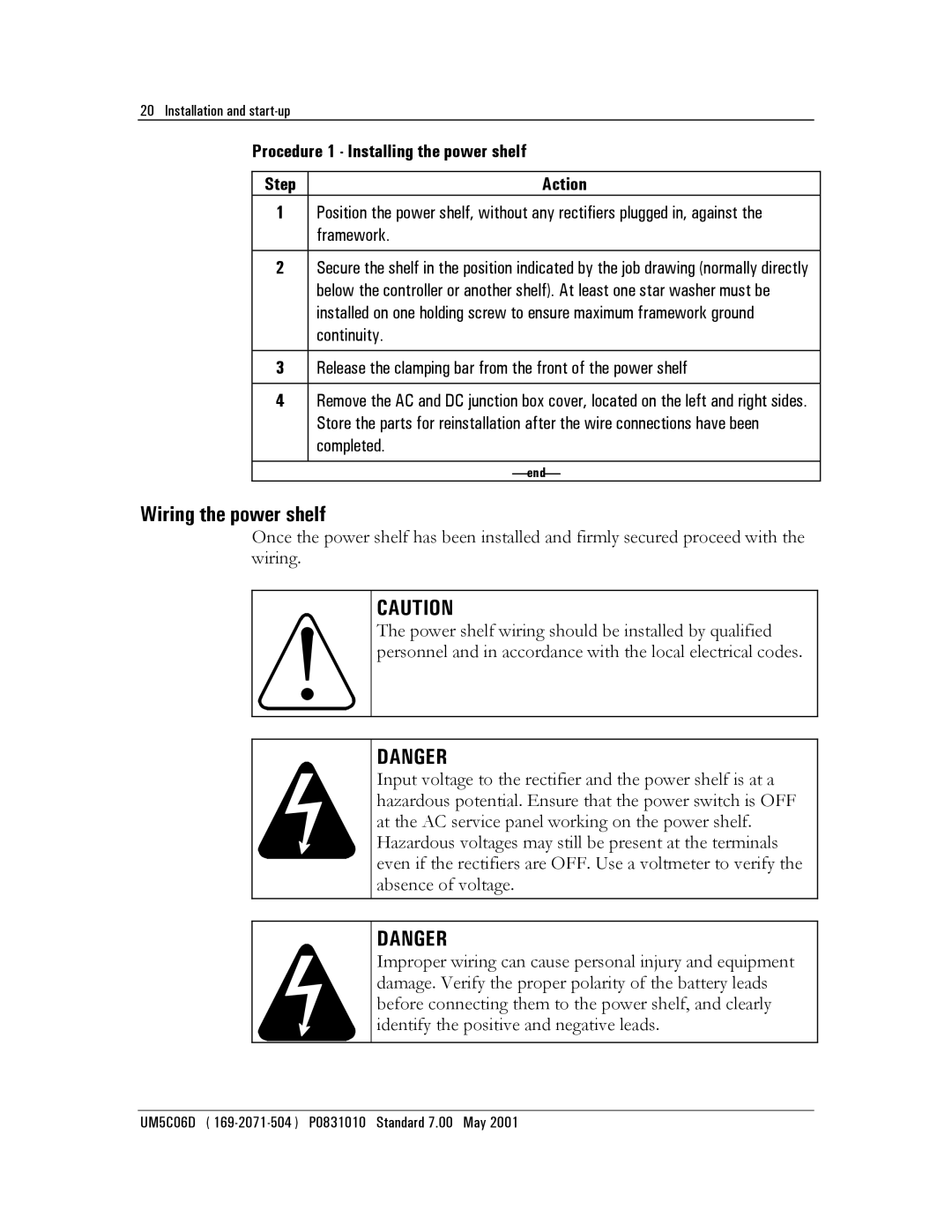 Emerson NT5C06D user manual Wiring the power shelf, Procedure 1 Installing the power shelf Step Action 