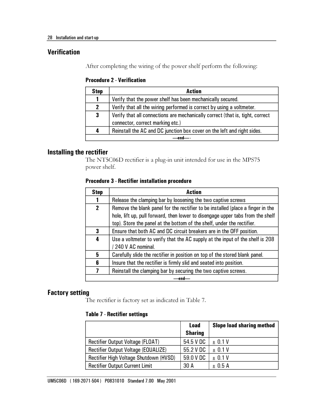 Emerson NT5C06D user manual Verification, Installing the rectifier, Factory setting 