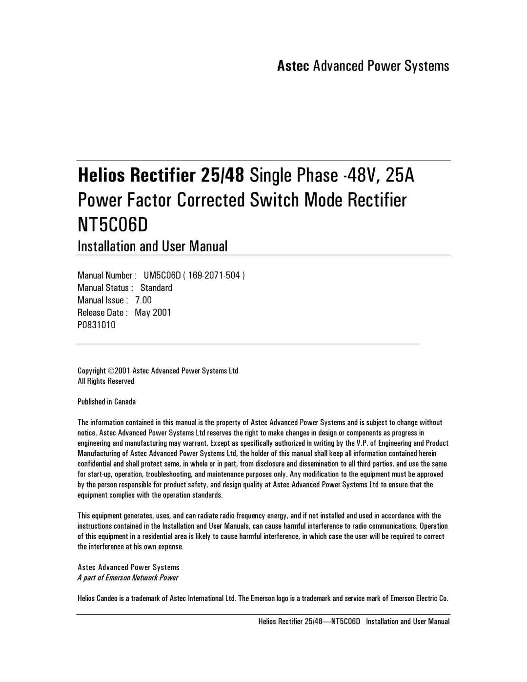 Emerson NT5C06D user manual Helios Rectifier 25/48 Single Phase -48V, 25A 