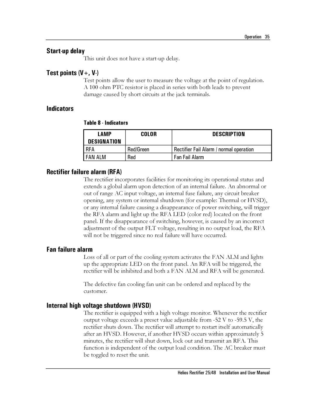 Emerson NT5C06D user manual Start-up delay, Test points V+, Indicators, Rectifier failure alarm RFA, Fan failure alarm 