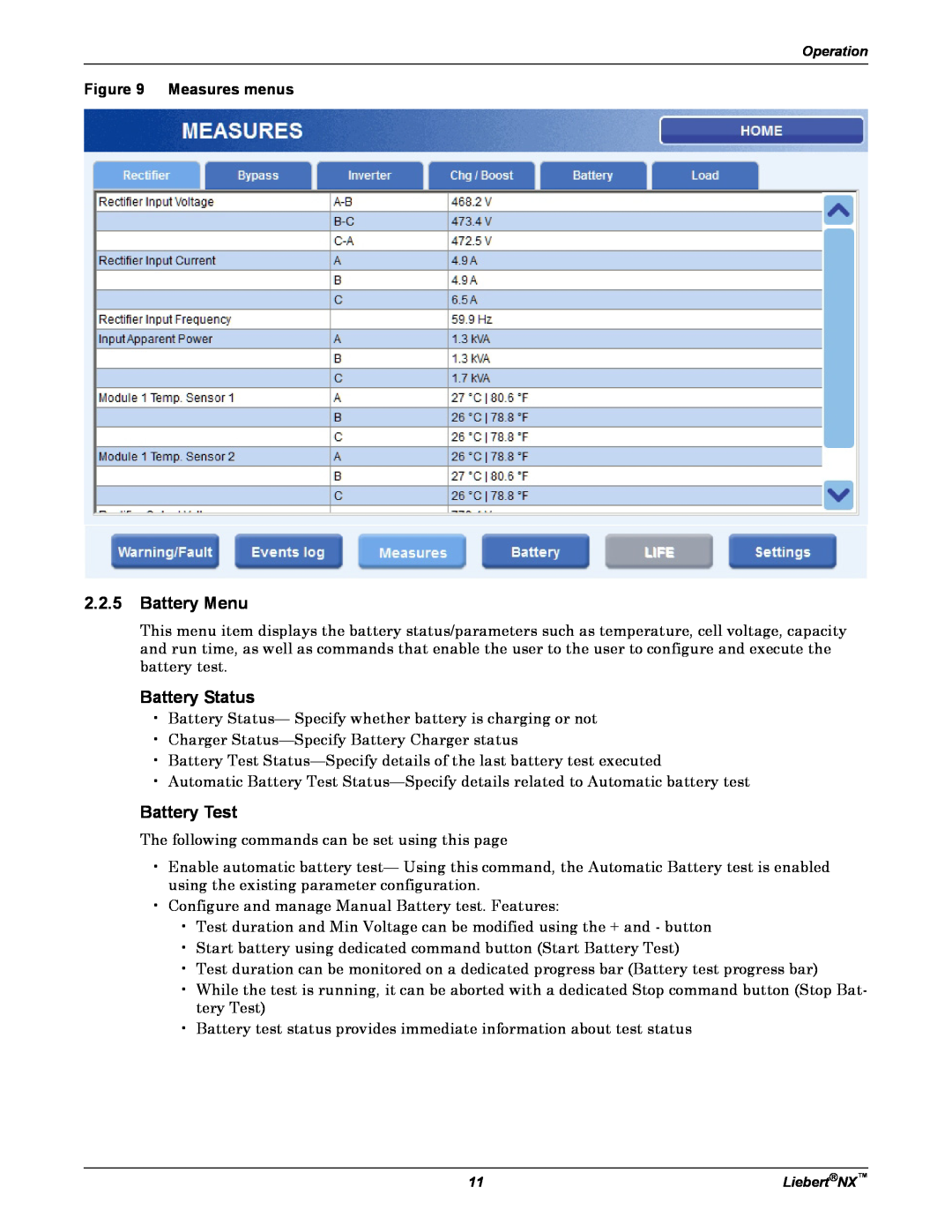 Emerson NX manual Battery Menu, Battery Status, Battery Test, Measures menus 