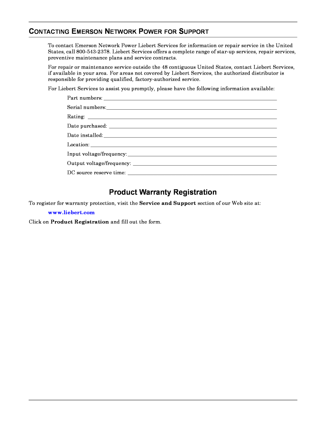 Emerson NX manual Product Warranty Registration, Contacting Emerson Network Power For Support 