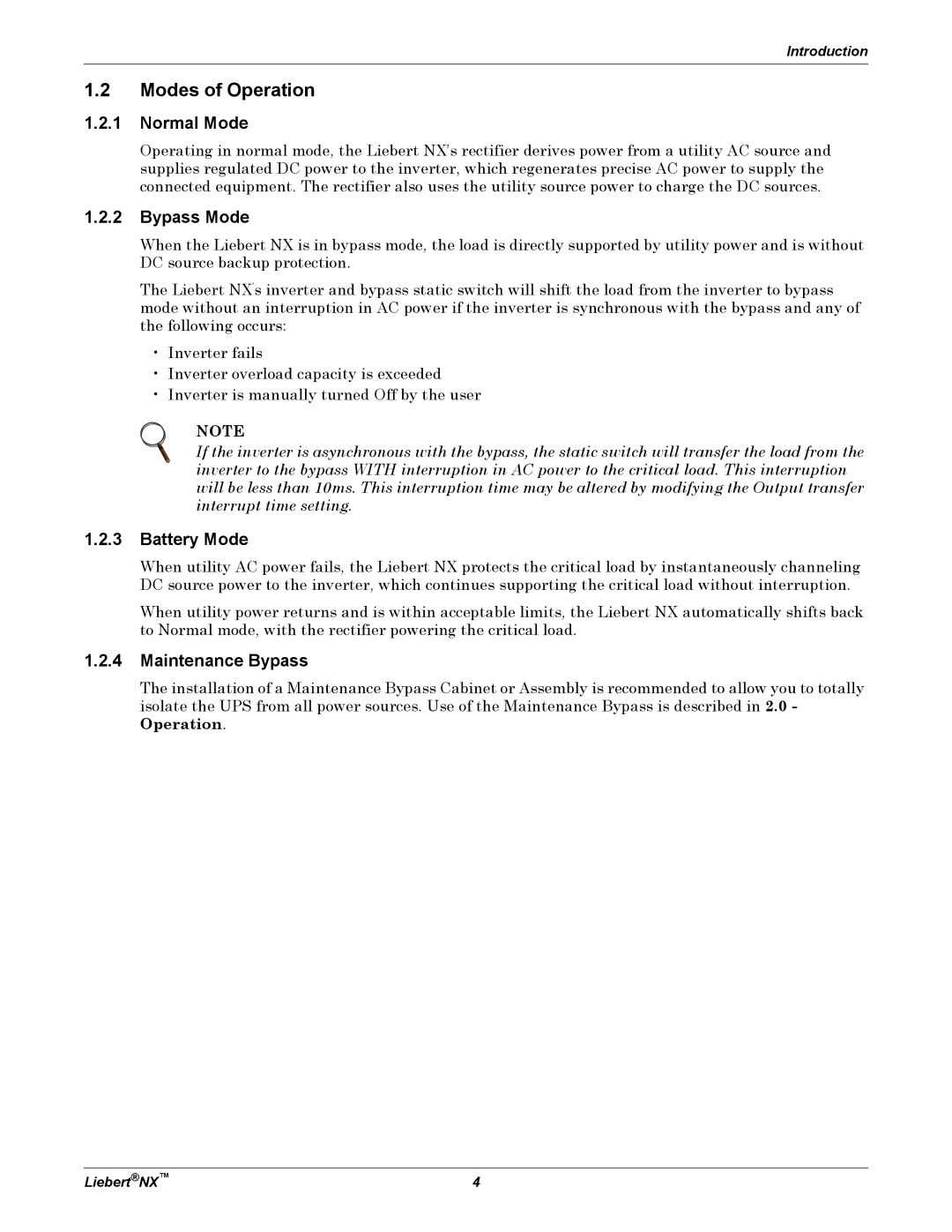 Emerson NX manual Modes of Operation, Normal Mode, Bypass Mode, Battery Mode, Maintenance Bypass 
