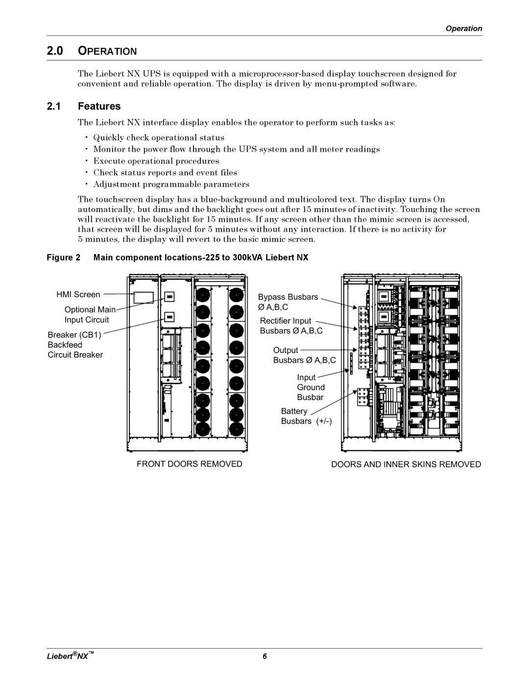 Emerson manual Features, Main component locations-225 to 300kVA Liebert NX 