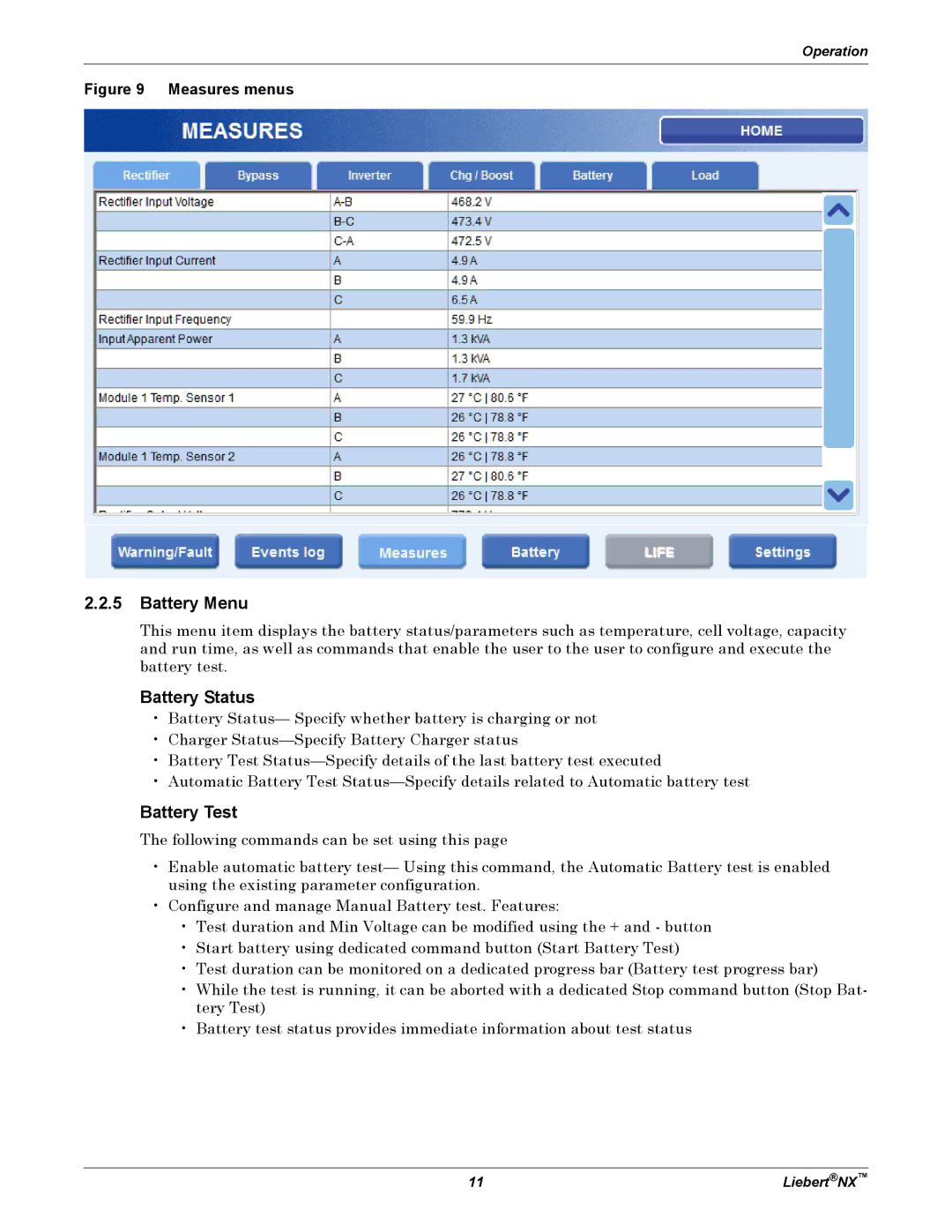 Emerson NX manual Battery Menu, Battery Status, Battery Test 