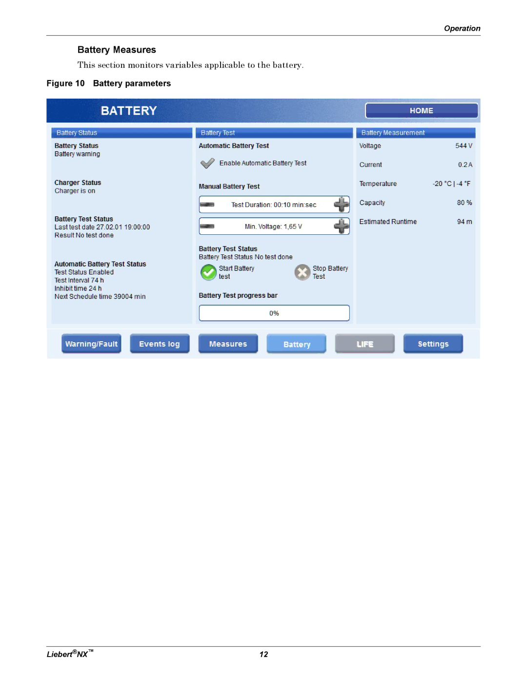 Emerson NX manual Battery Measures, Battery parameters 